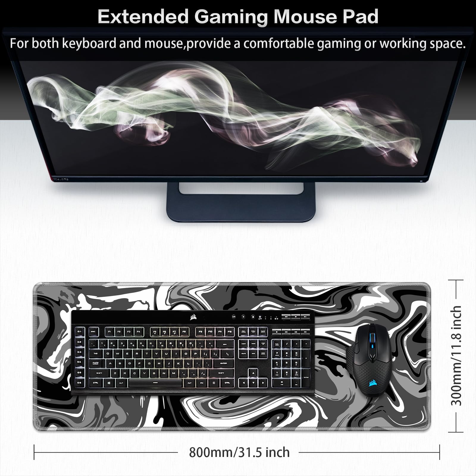 Canjoy Alfombrilla de mouse para juegos, alfombrilla de mouse con patrón fluido de 31.5 x 11.8 pulgadas, alfombrilla de mouse grande extendida para computadora, teclado de escritorio completo,