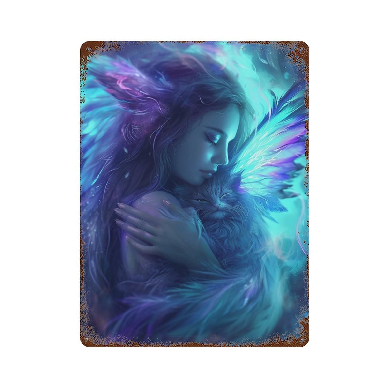 Enchanted Fantasy Angelic Wings And Cat Embrace 15.7"x11.8" Decorative Tin Sign, Retro Wall Decor for Garage, Bar And Workshop Decor