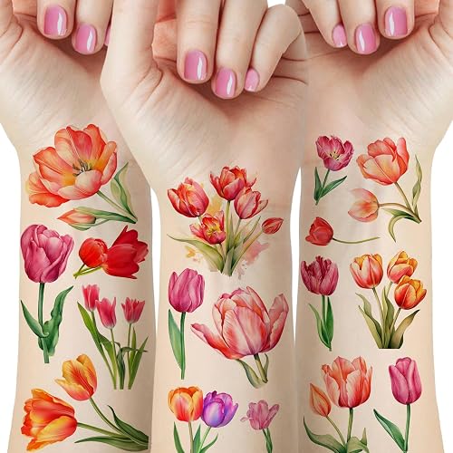 Watercolor Tulip Temporary Tattoos, 12 Sheets Floral Body Art, CZ573