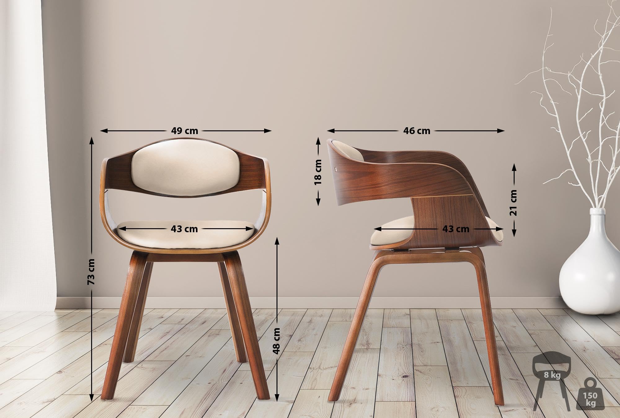 CLP Silla De Visita Kingston En Símil Cuero I Silla De Madera con Respaldo Semi-Curvado I Butaca De Salón En Estilo Escandinavo, Color:Nuez/Crema