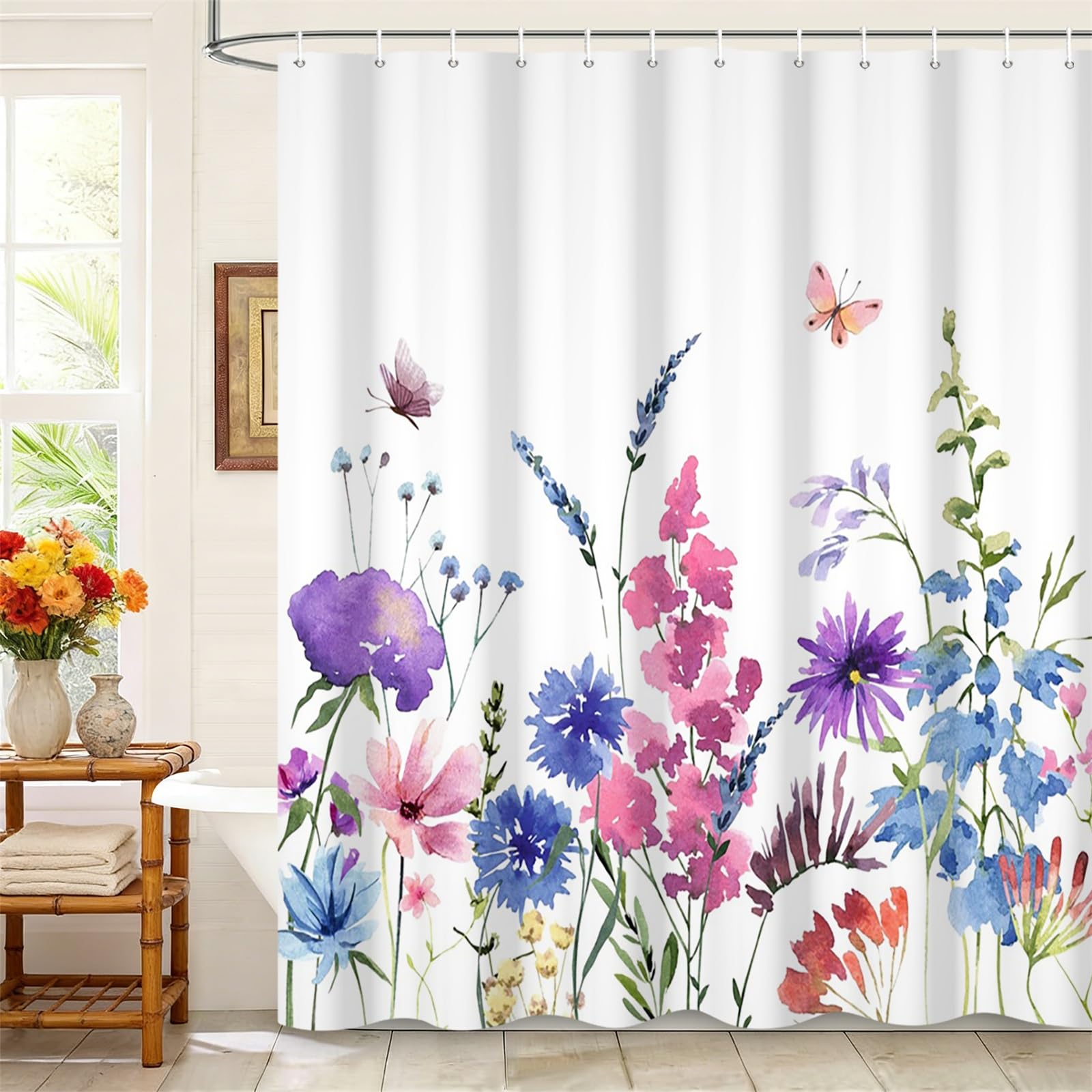 Kzzfqxb 165x180cm Floral Shower Curtains with Plastic Hooks, Botanical Herbs Blue Purple Pink Flowers Butterflies Waterproof Occluded for Bathtub, Elegant Beautiful Polyester Fabric for Girls Bathroom