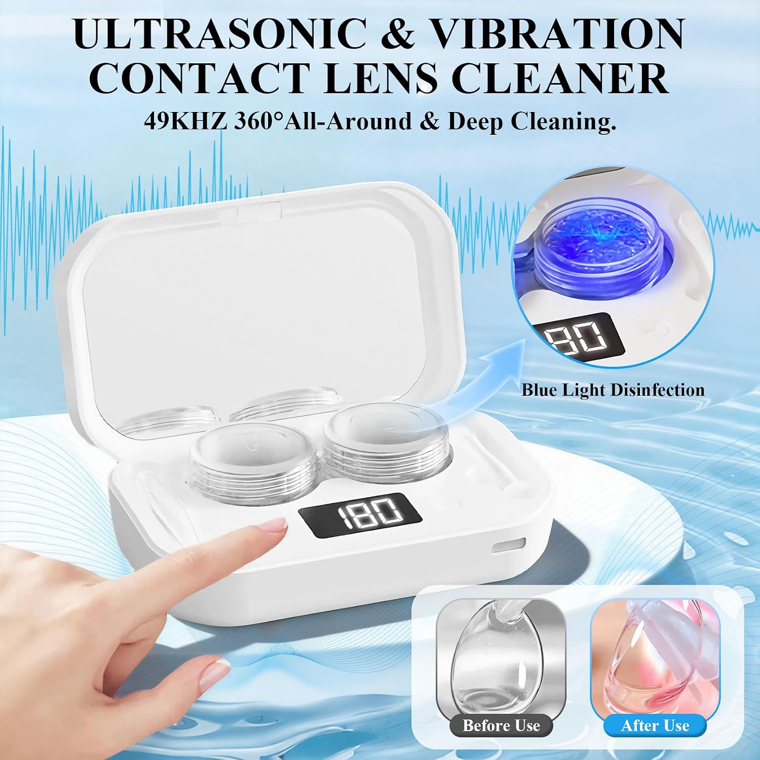 Contact Lens Clean Machine, Portable Ultrasonic Contact Lens Cleaner with 4 Timing Modes, Disinfection with Blue Light, 360° High-Frequency Vibration for Cleaning Soft Lenses, White