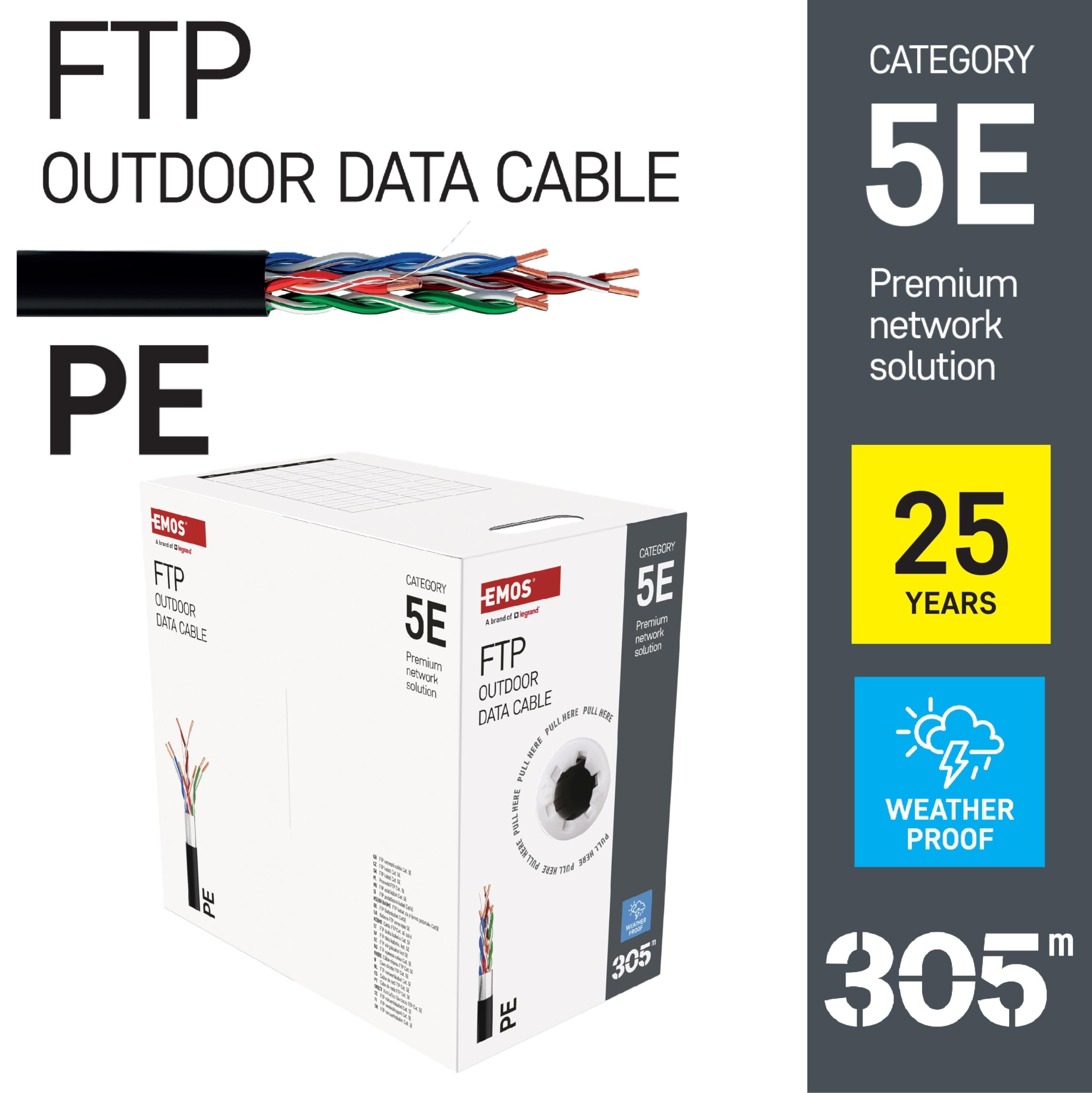 EMOS - Cavo di rete FTP CAT 5e, 305 m, PE - Cavo patch CAT5e FTP - Cavo LAN Gigabit - Cavo Ethernet schermato - per esterni