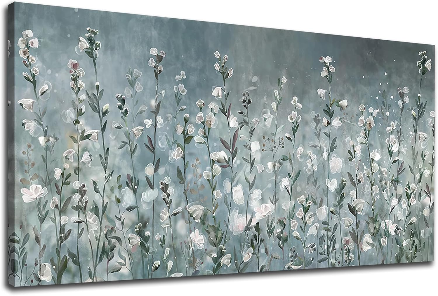 NINEASO Abstract Flower Wall Art - Elegant Translucent White Flowers Pictures Botanical Wall Decor Blackish Green Stems Bloom Painting Prints Artwork for Living Room Bedroom Home Office 20" x 40" 20" x 40" Translucent White Flowers