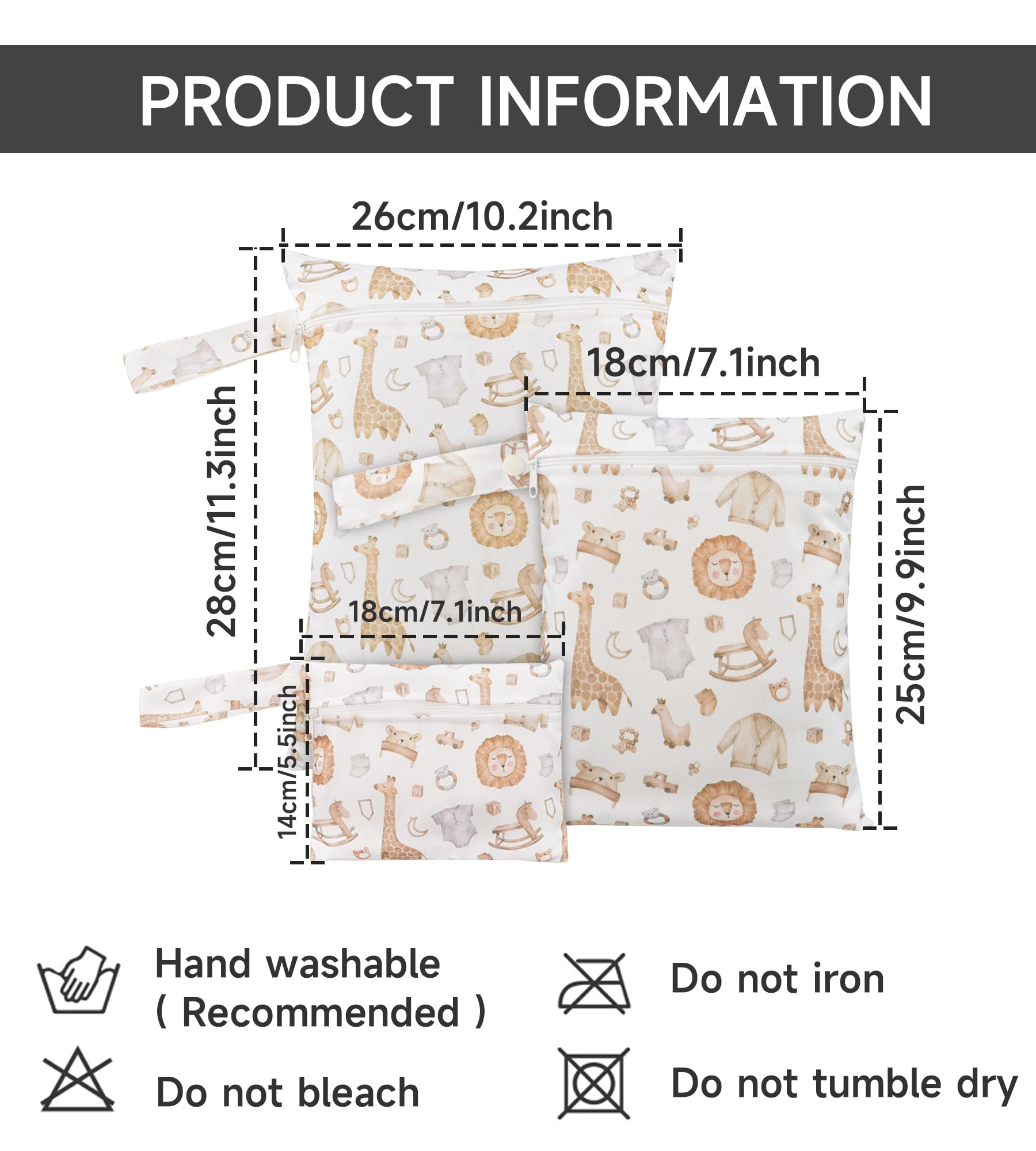 SEAUR 3 Pieces Wet Bag with Zip Wet Dry Bags Baby Wet Clothes Bag Swimming Wet Nappy Bag Waterproof Baby Washable Wet Bag White Giraffe - Image 4