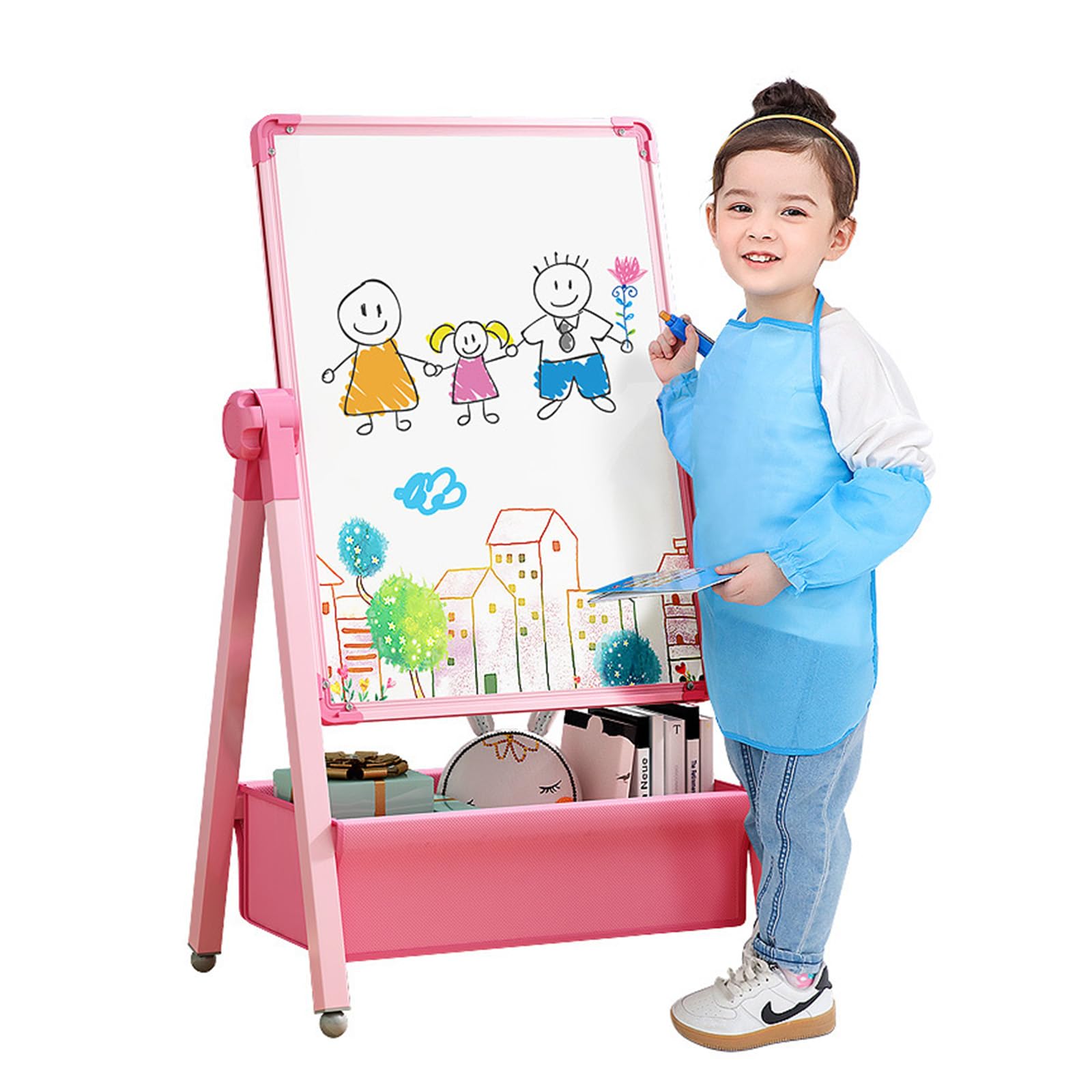 Art Easel for Kids, Double Sided Kids Easel Drawing Board, Whiteboard & Chalkboard, 360°Rotating Adjustable, Standing Erasable Easel Board, Easel for Classroom (Pink)