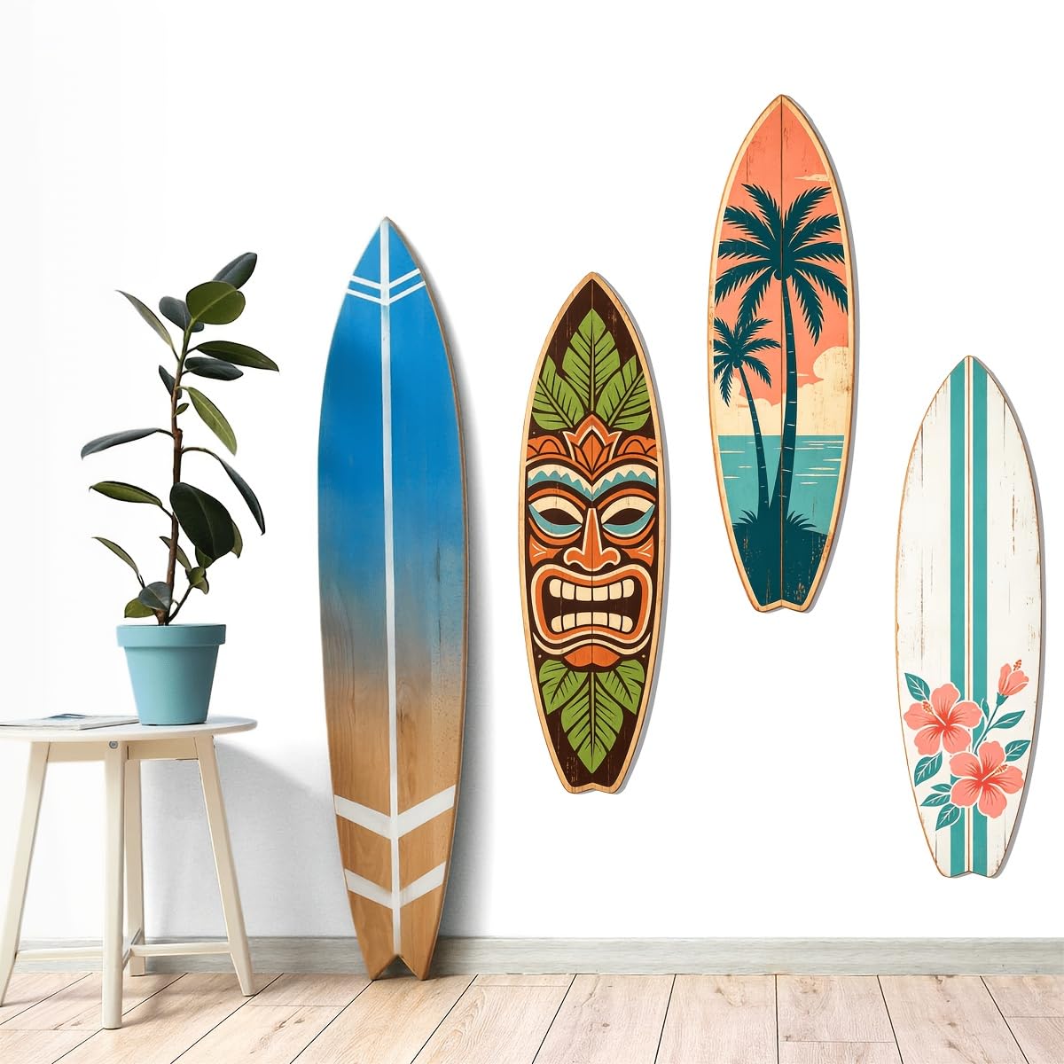 3pcs Hawaiian Tiki Surfboard Wall Decor - Artificial Wood Suitable for Tropical Beach, Coastal Surfboards with Tiki Statues for Poolside, Bathroom & Living Room - Irregular Surfboard Shapes, Hanging Panels-picture-12