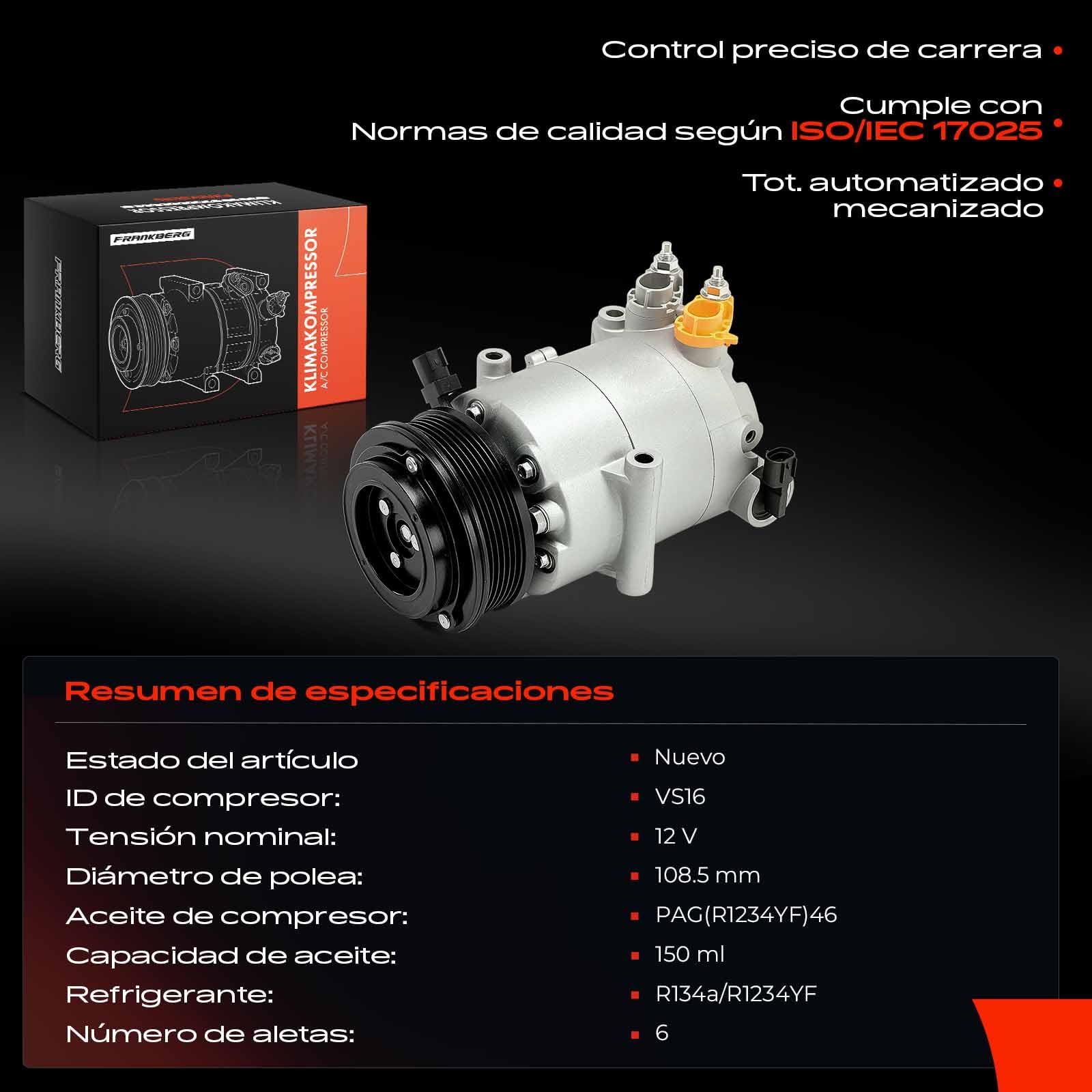 Frankberg Compresor de aire acondicionado con embrague, gasolina, 1840807 | Compatible con: K.u.g.a II DM2, Furgoneta Transit Connect V408/MPV, Tourneo Connect/Grand Tourneo Connect V408 MPV