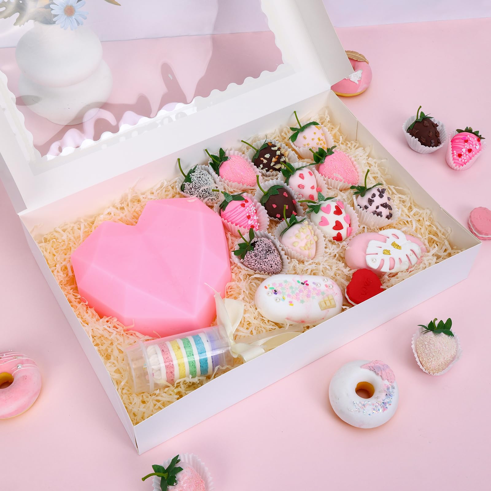 Moretoes Große Backboxen, 40 Stück, 40 Stück, 40 x 27,9 x 6,3 cm, automatische Aufklappung, Keksboxen mit Sichtfenster für Donuts, Leckereien, Gebäck, Kuchen, Muffins, Erdbeeren mit Schokoladenüberzug