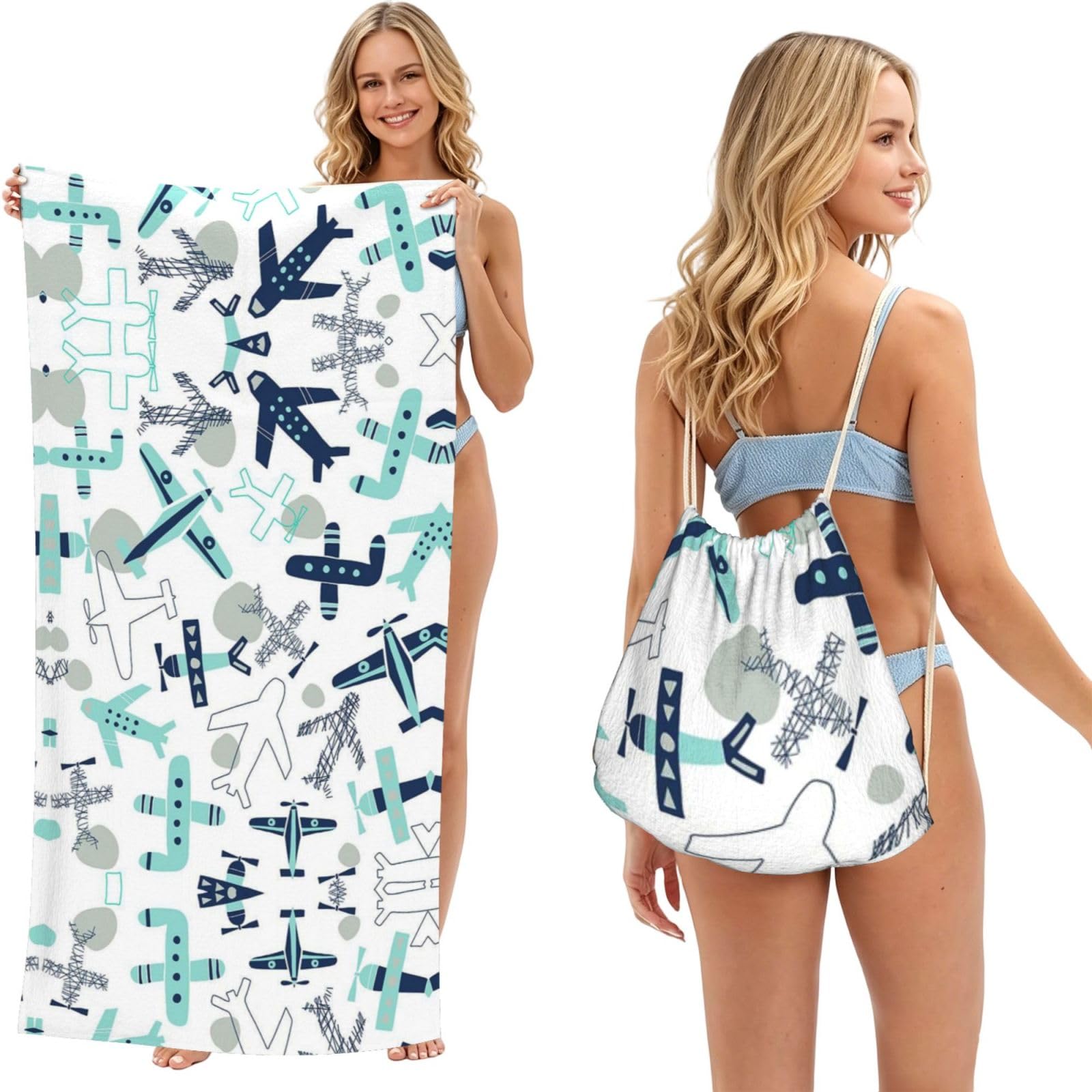 ESNAIUVCD Airplane Print Beach Towel For Adults,Towel With Drawstring Bag, Travel Pool Swimming Sports Shower Sand Free Quick Dry Bath Towel For Pool, Beach, Yoga- 180x60cm