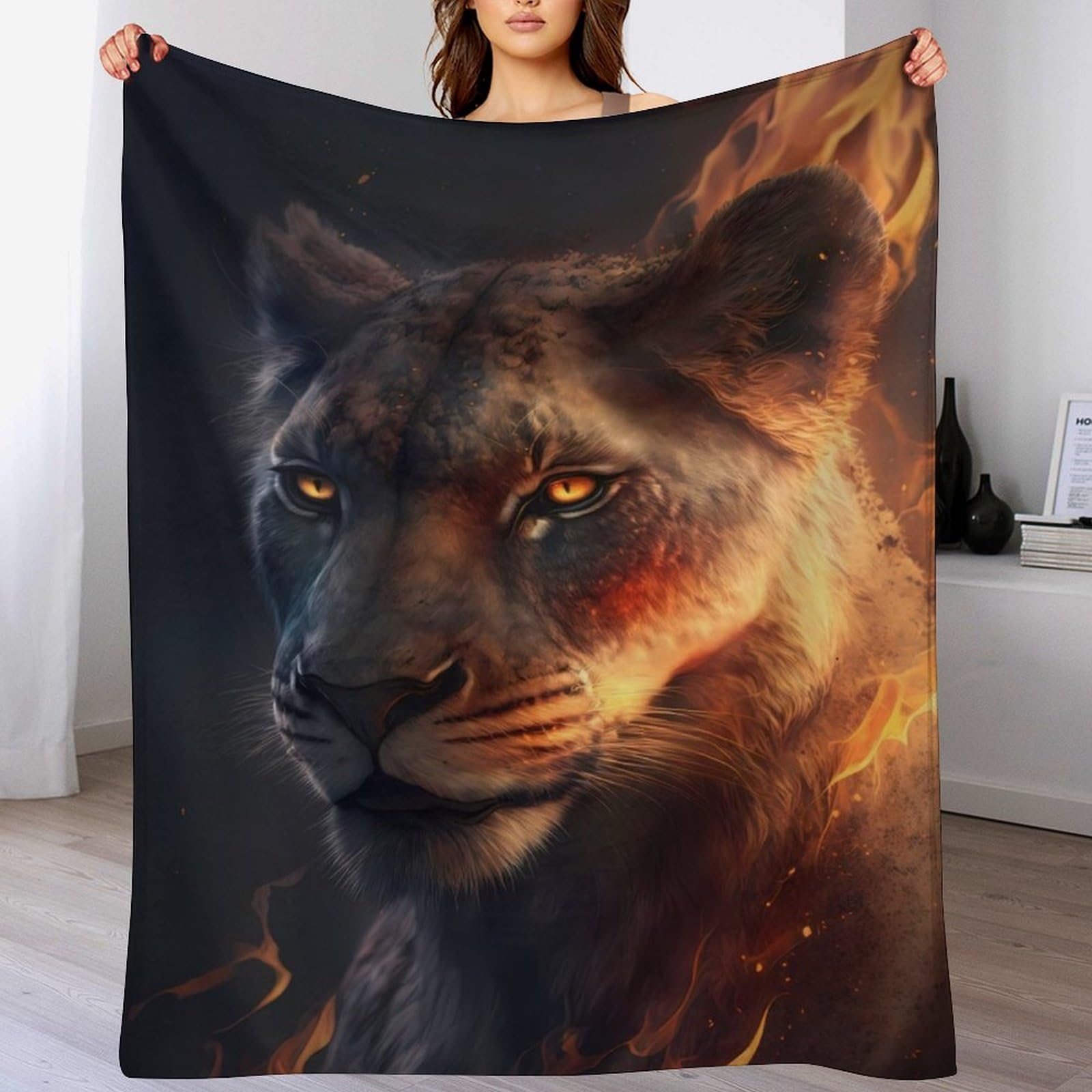Couverture polaire lion de feu contre le froid rideau de douceur en flanelle