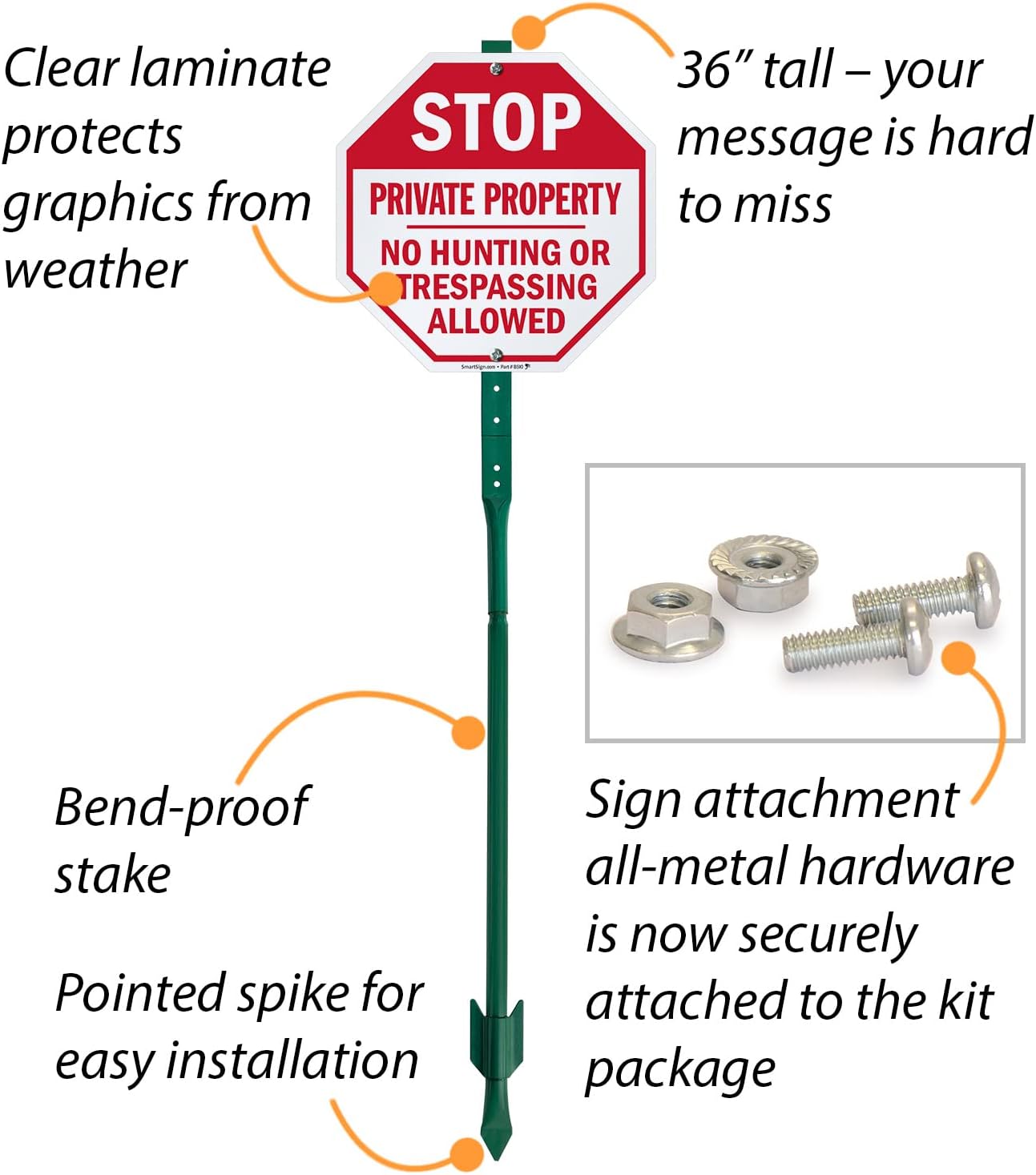 SmartSign 10 x 10 inch “Stop - Private Property, No Hunting Or Trespassing Allowed” LawnBoss Yard Sign with 3 foot Stake, 40 mil Laminated Rustproof Aluminum, Red and White, Set of 1