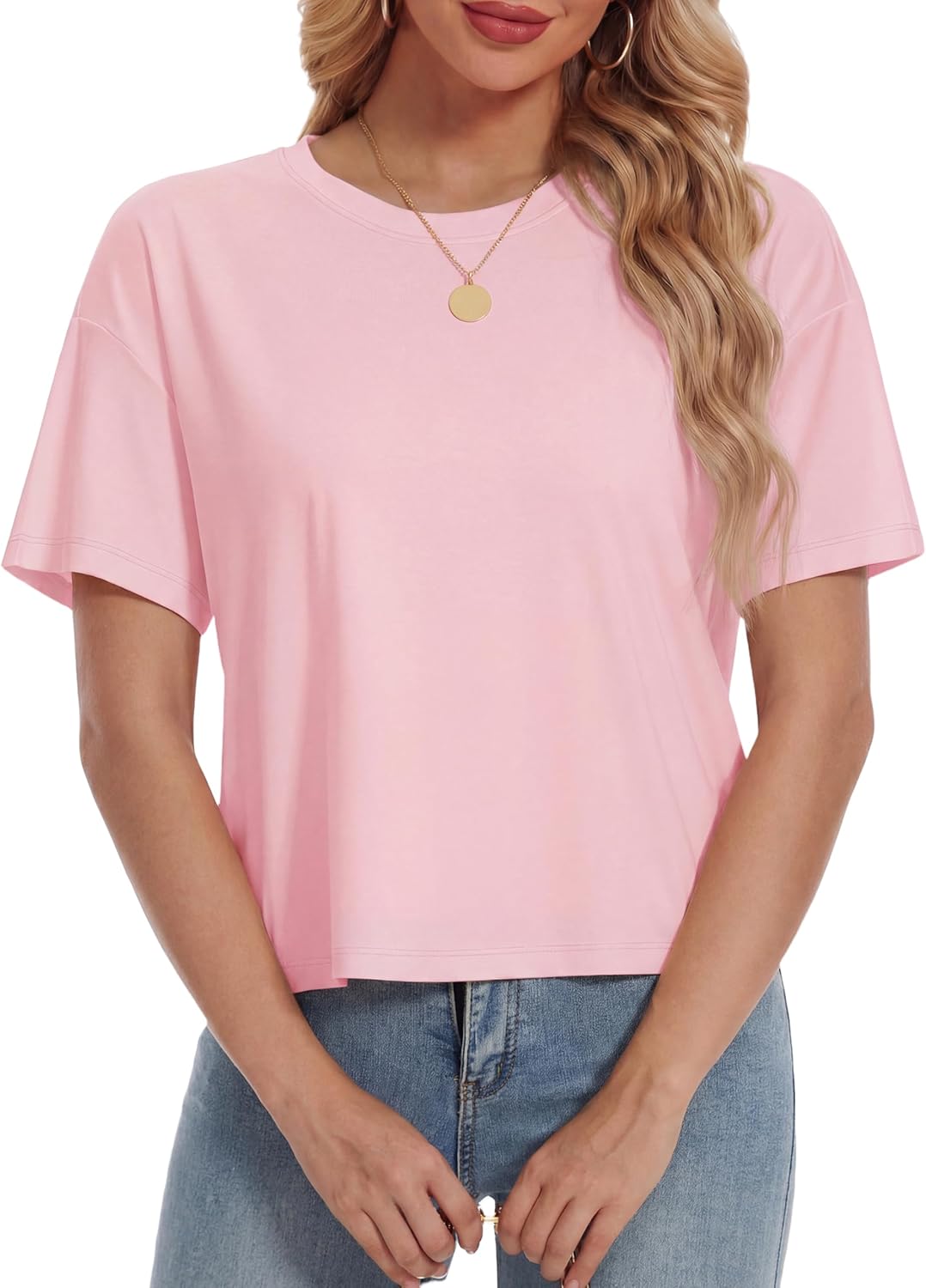 YUCOLEN Women's Crop Tops Summer Short Sleeve Cotton UPF 50+ Round Neck Casual Loose Cropped T-Shirts Solid Basic Tees