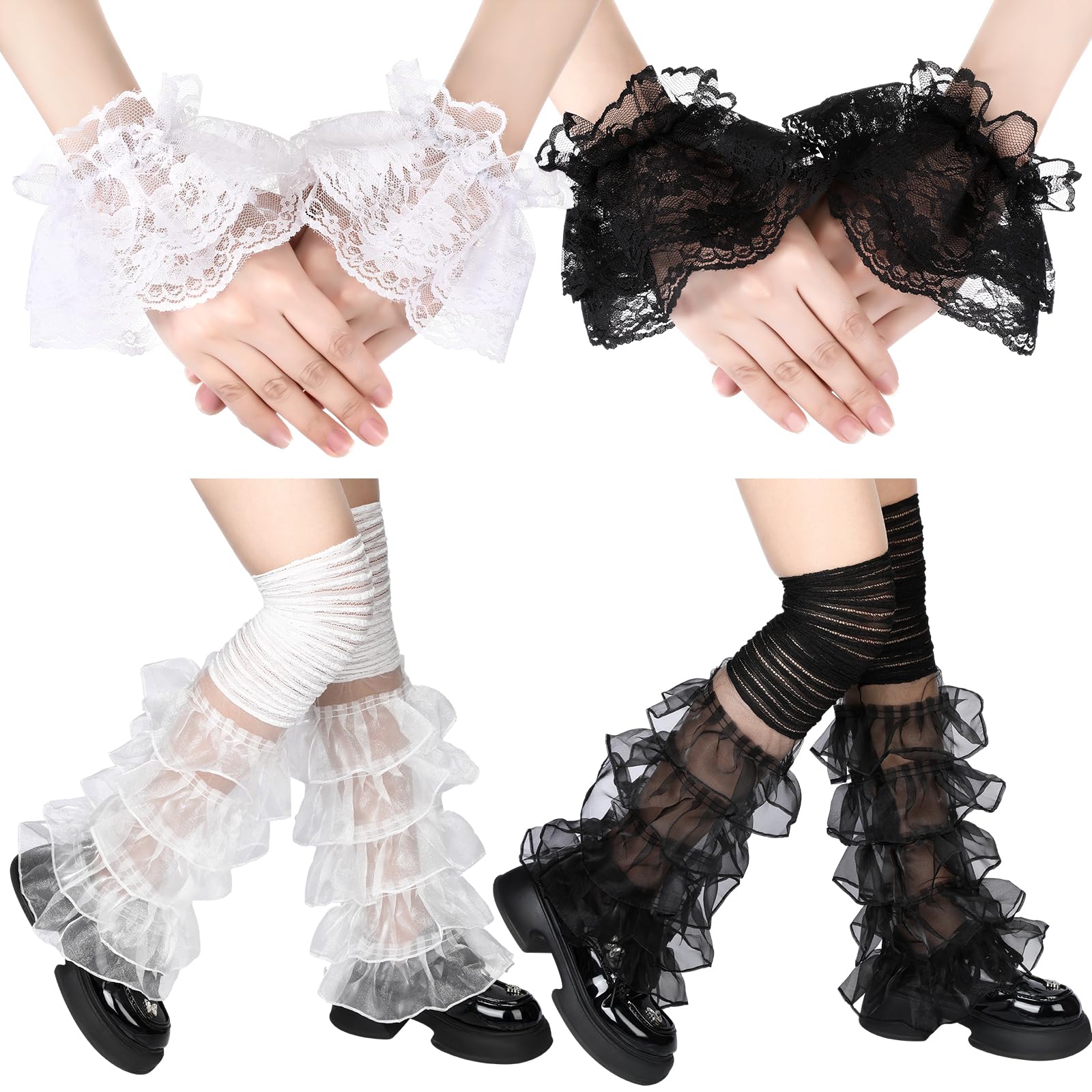 ThiCc 4 Pairs Lace Leg Warmers & Wrist Cuffs - Women's Y2K Tulle Ruffle Layered Black White Mesh Gothic Lolita Accessories Wedding Party Nightclub Costume Tea Party Masquerades Prom