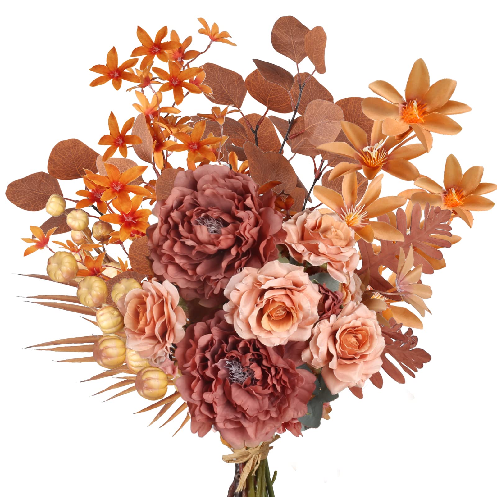 OUBTDK Faux Fall Flowers Bouquet Burnt Orange Artificial Flowers with Eucalyptus Leaves Silk Peony Flowers for Fall Floral Arrangements Home Table Farmhouse Thanksgiving Decor