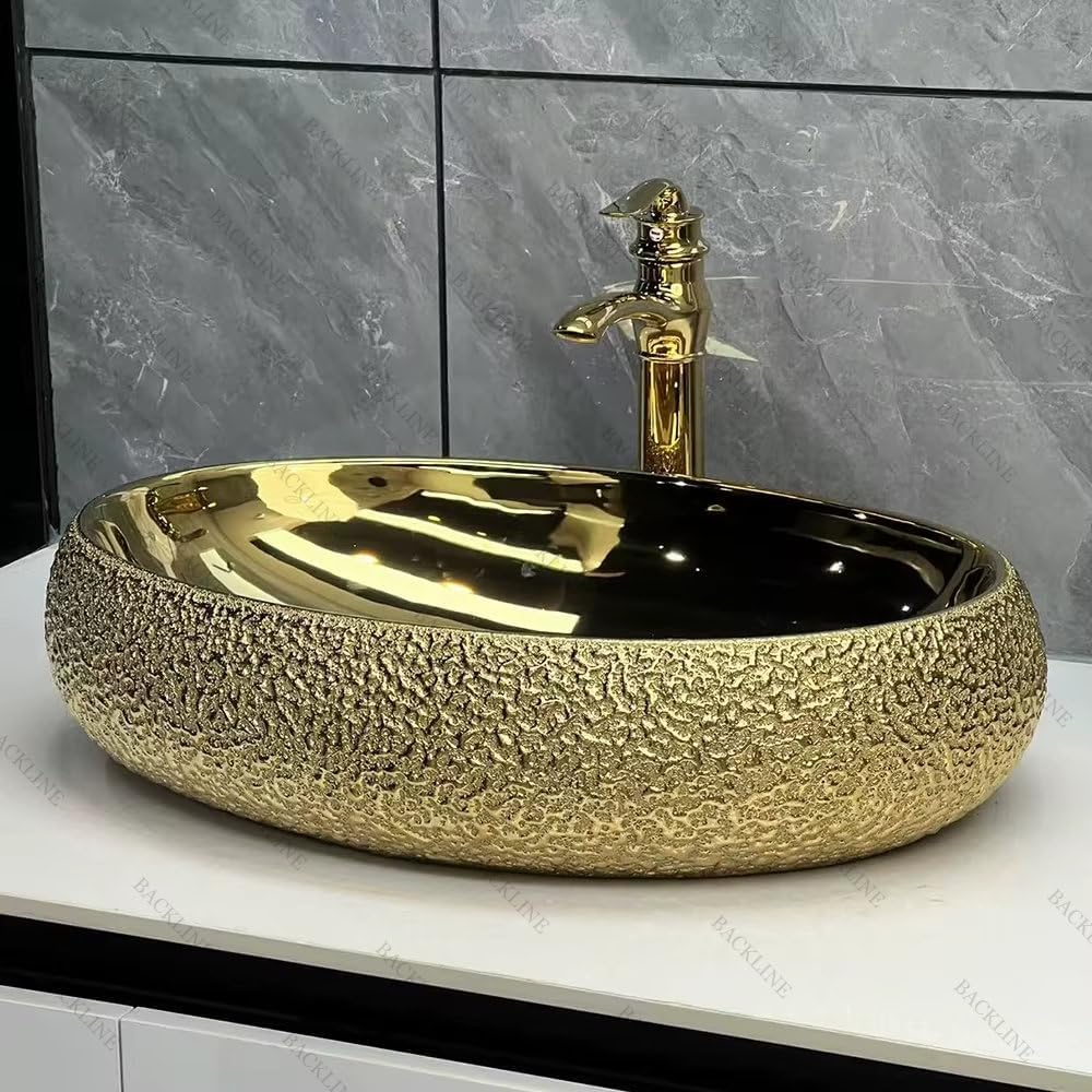 B BACKLINE Designer Ceramic Vessel Sink Counter Top Wash Basin (Gold, 24 x 18 x 6 Inch)