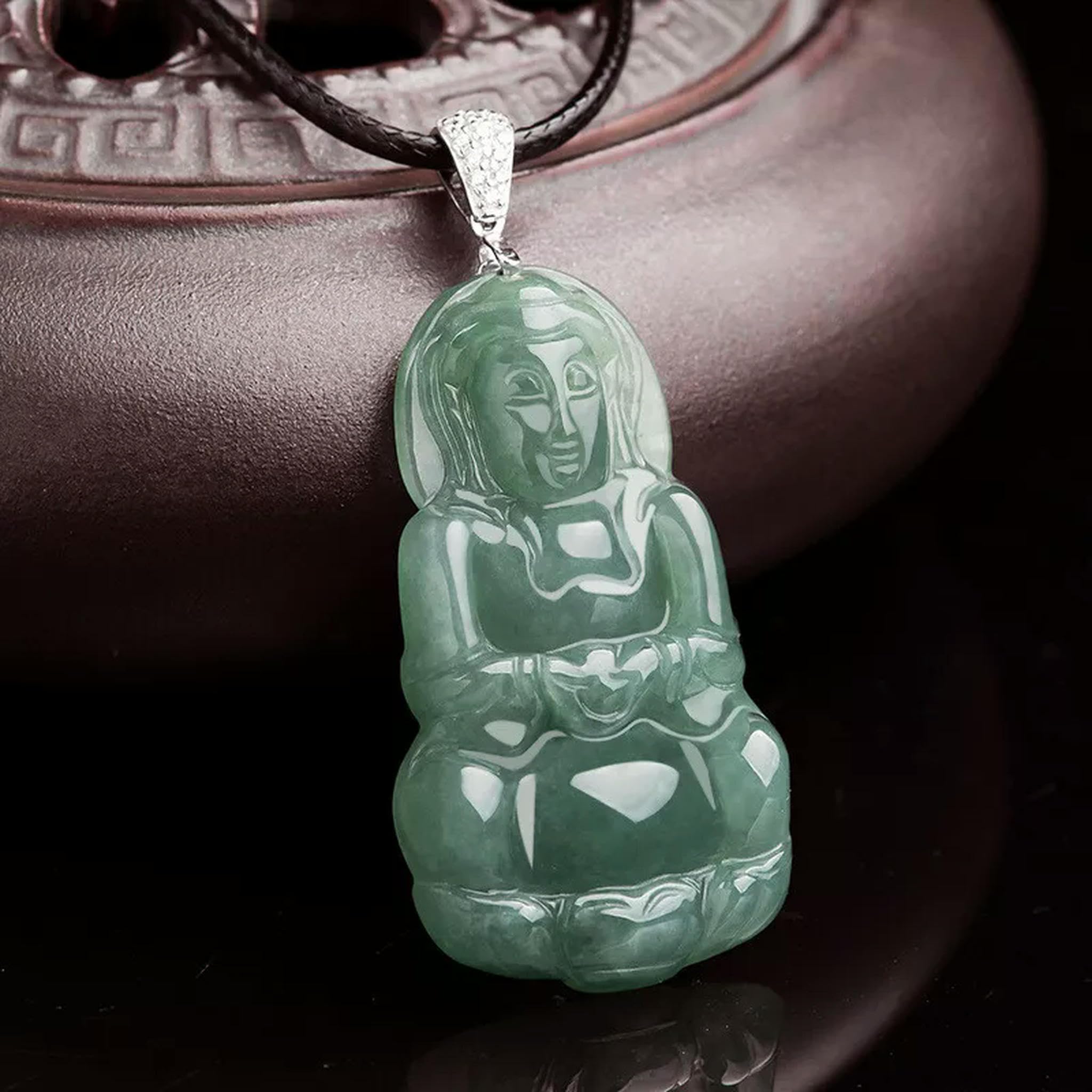 Natürliche Jade Öl Blau Guanyin Anhänger S925 Silber Schnalle Leder Seil Halskette
