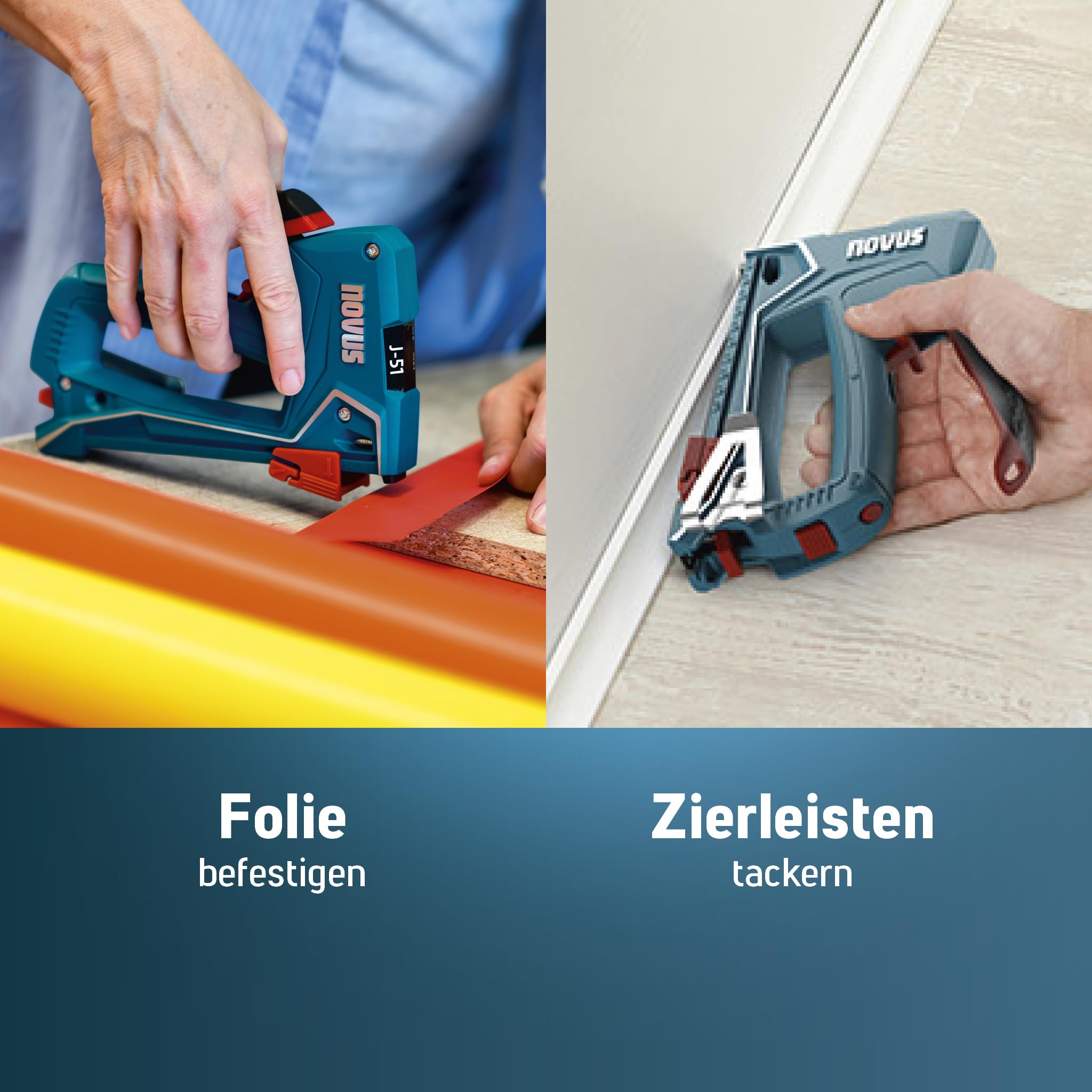NOVUS TOOLS Zszywacz ręczny J-51 zestaw z 1200 zszywkami │ wytrzymały, lekki aluminiowy zszywacz do drewna do mocowania folii i listew ozdobnych │ do gwoździ 16 mm i zszywek płaskich 6-14 mm