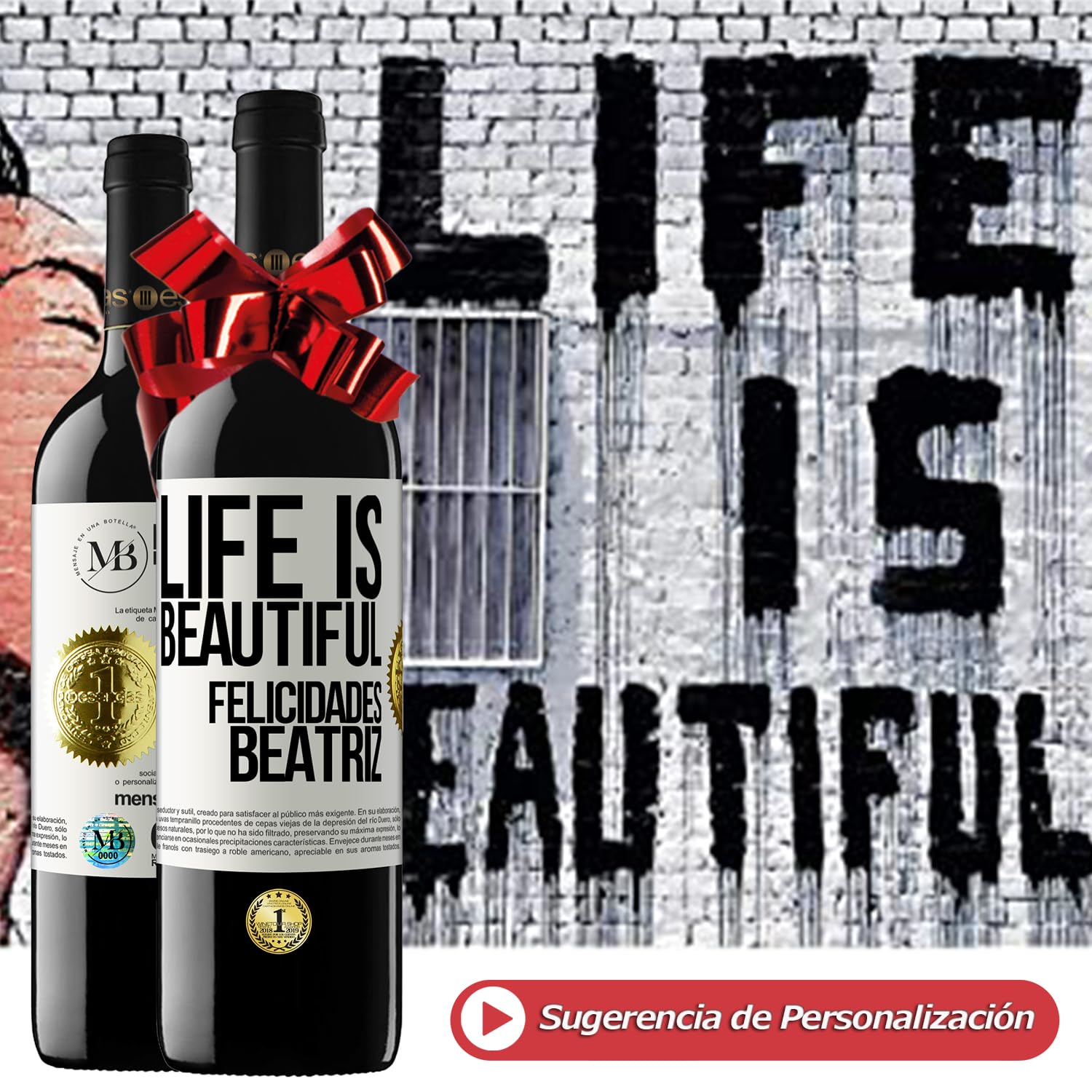 «La vida está hecha para buenos amigos y grandes vinos» Mensaje en una Botella. Estuche-Maletín de LUJO 2x Vino Tinto Premium Reserva 12 Meses y Set de 4 Accesorios. Etiqueta Negra PERSONALIZABLE