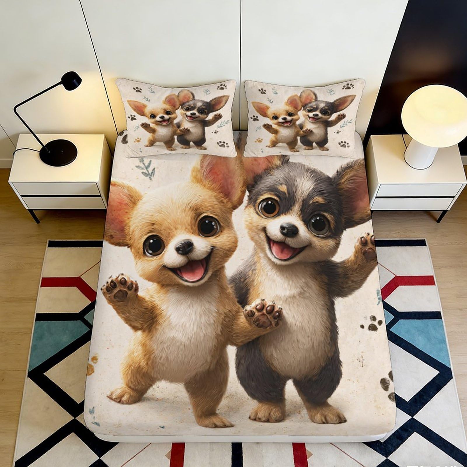 3D Printed Cute Puppy Fitted Sheet Microfiber Soft Anti-Slip Dog Cartoon Mattress Cover for Bedroom Dorm Decor 120x200cm 160x200x25cm