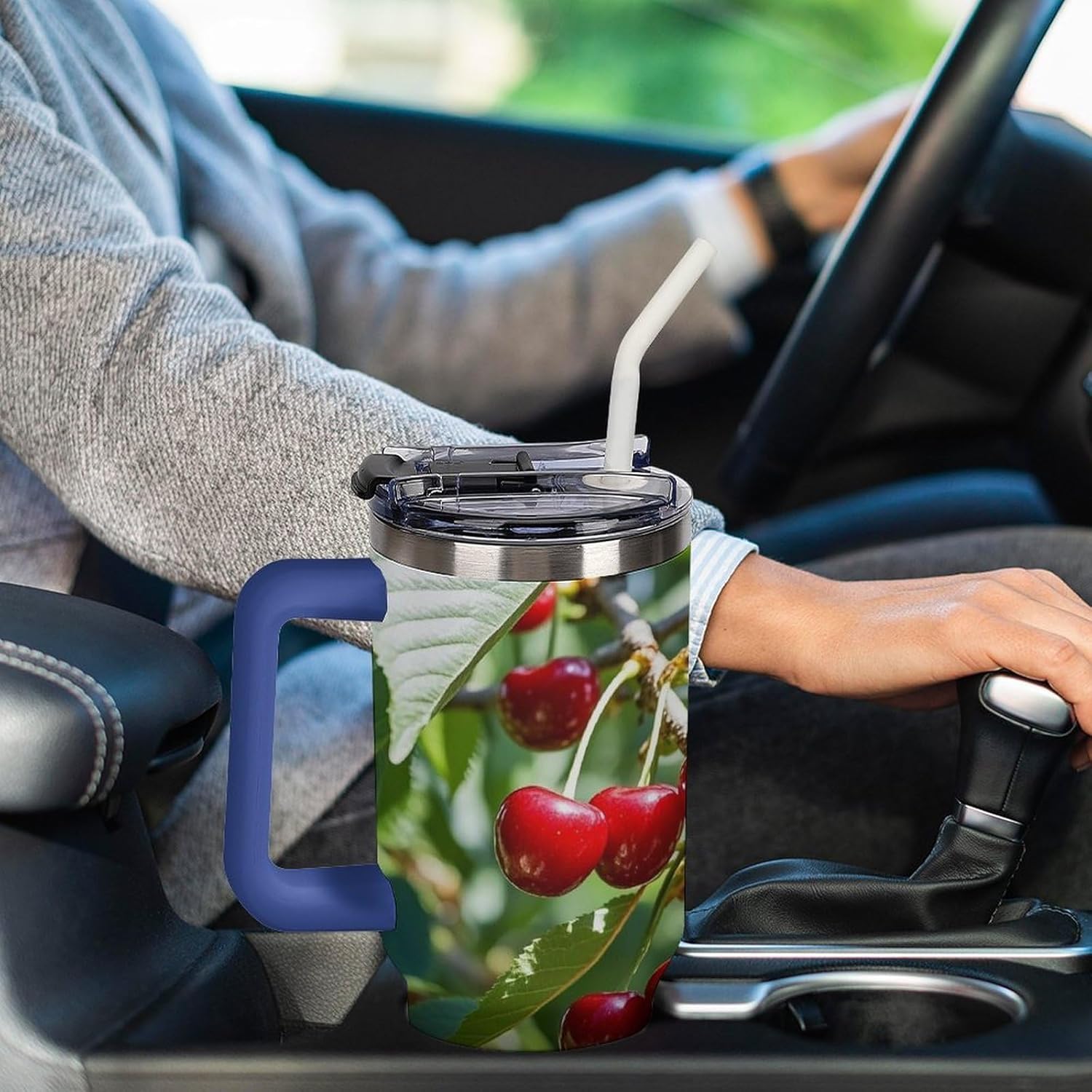 Cherry Travel Coffee Mug Reusable Durable Stainless Steel Insulated Tumbler with Handle And Straw Leak Resistant Portable Thermal Cup Gifts for Men Women 40 Oz