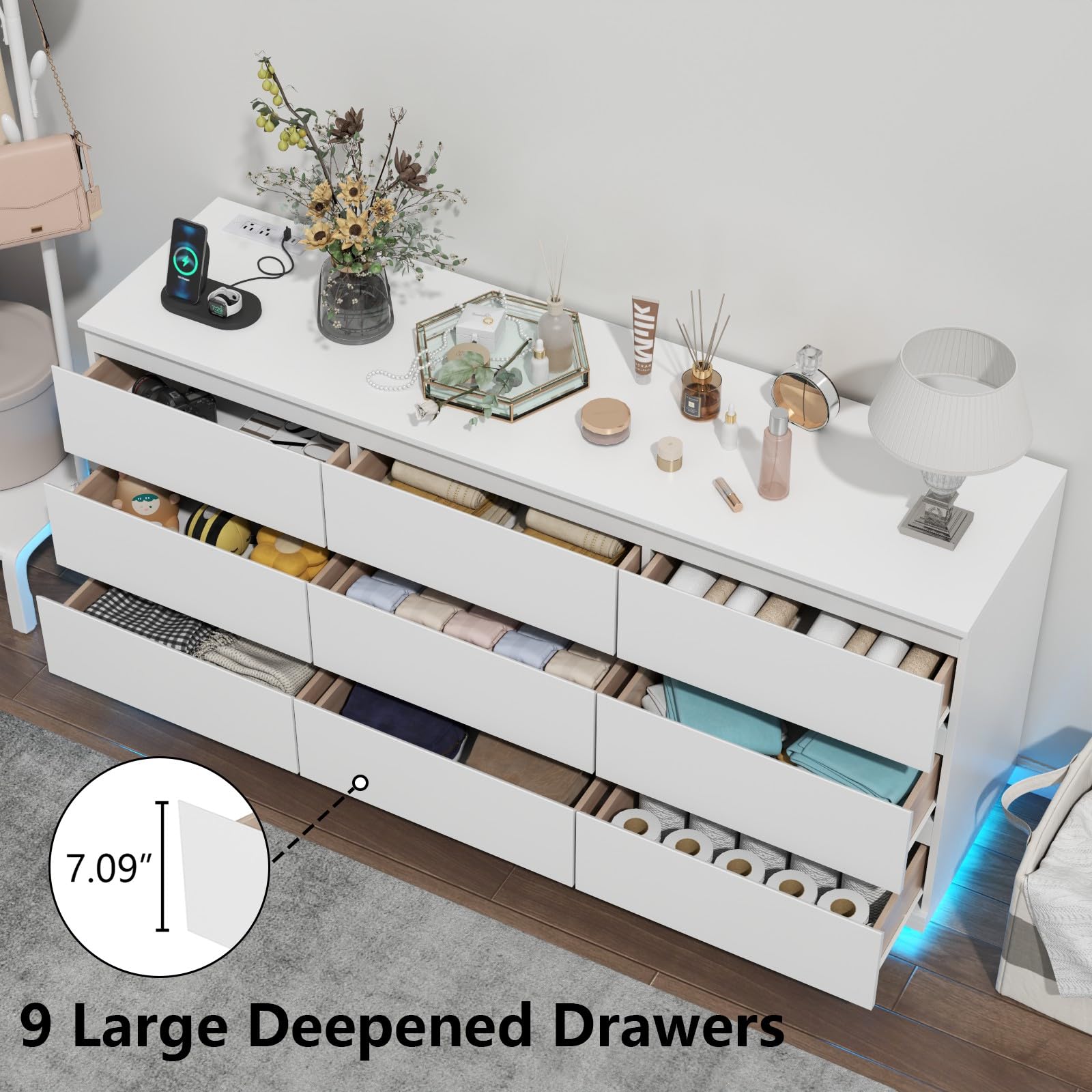 Amazon.com: Gyfimoie 9 Drawer Dresser with Power Outlet, Floating White  Dresser Chest of Drawer with LED Light,Modern Double Wide Drawer Organizer  Cabinet for Bedroom,Living Room (9 Drawer-White) : Home & Kitchen