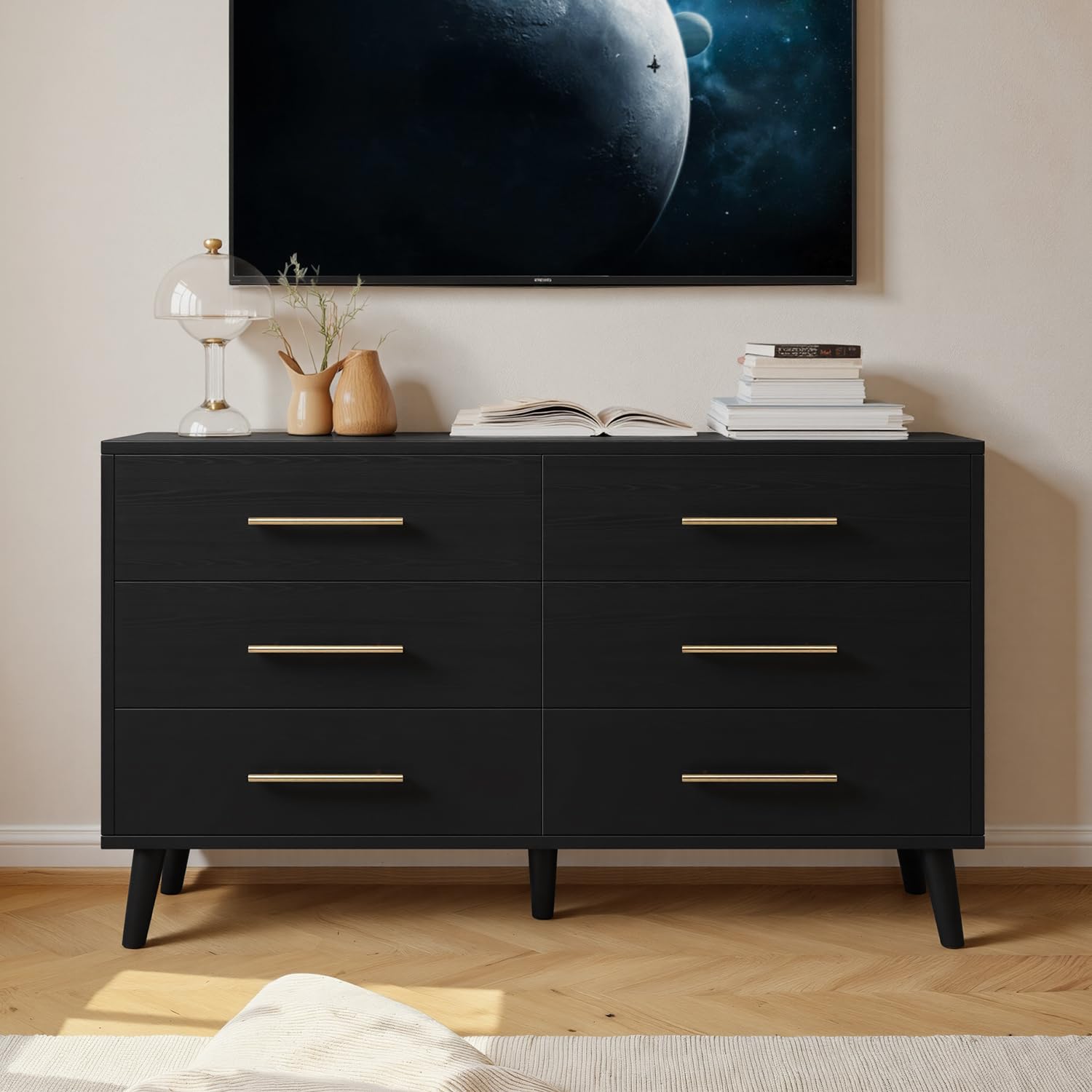 Ahomly 6 Drawer Dresser for Bedroom, Wood Chest with Anti-Tip Kit, Black