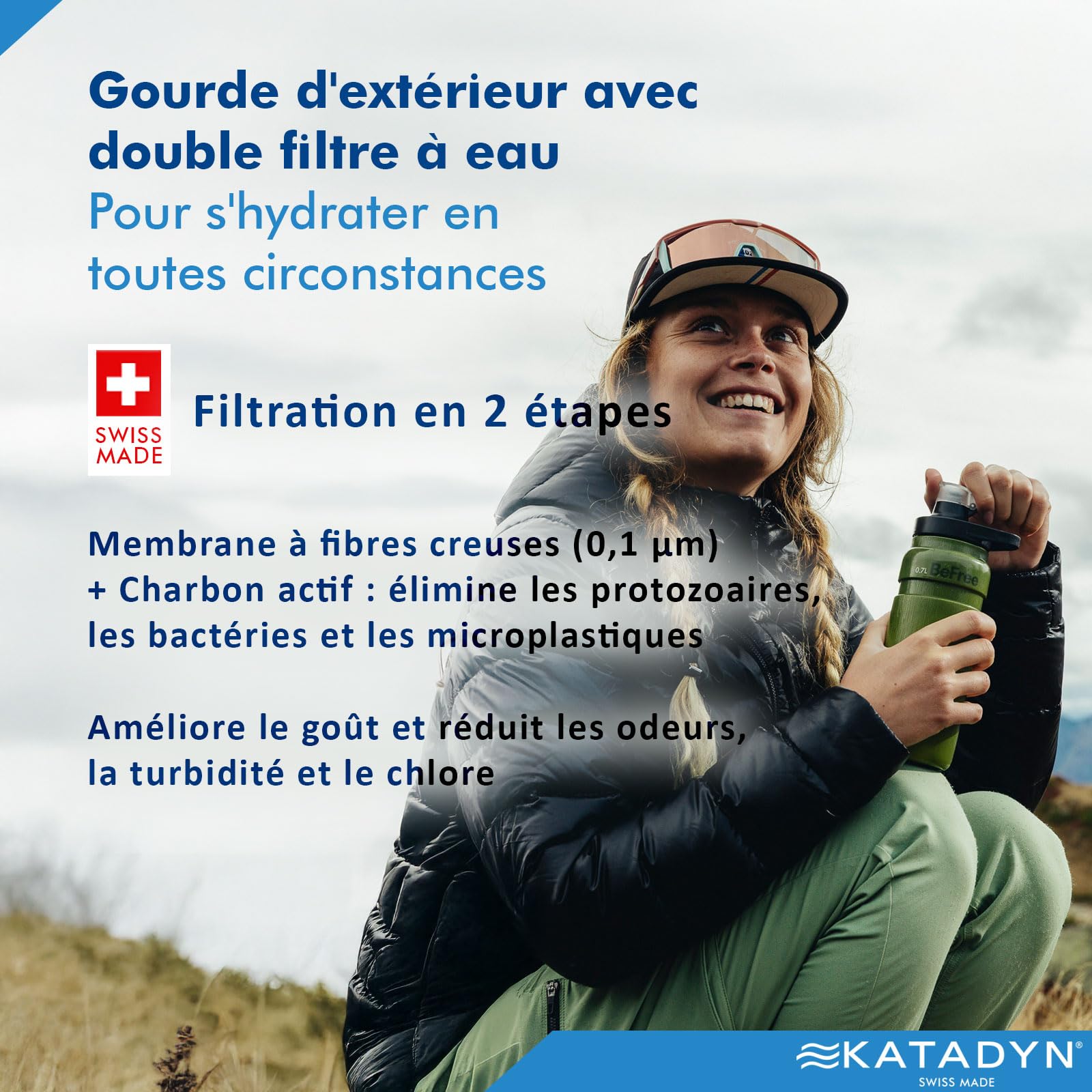 Katadyn BeFree AC Bottle Gourde filtrante ultra légère pour l'extérieur, en fibre creuse et charbon actif, pour camping, randonnée, trekking, voyage, filtration de l'eau portable, sans BPA, 0,7 l