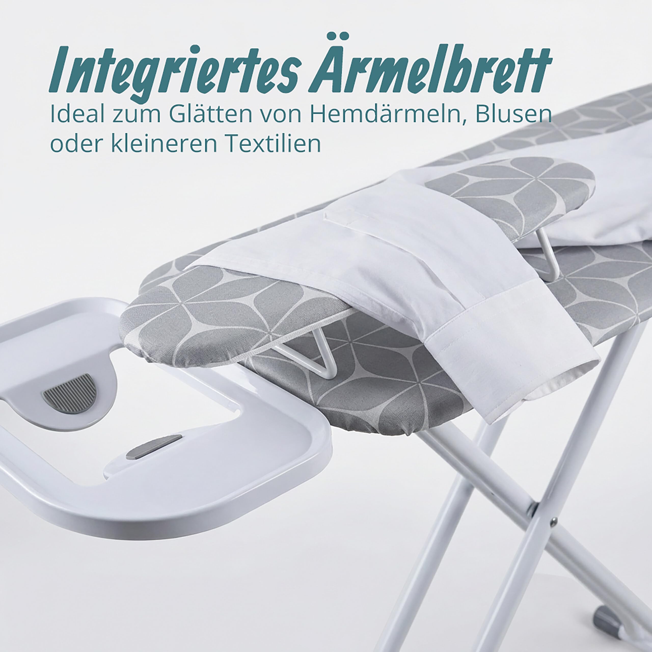 Relaxdays Bügelbrett für Dampfbügeleisen, 131 x 33 cm, höhenverstellbar, klappbar, Ärmelbrett, Bügeltisch, weiß/grau