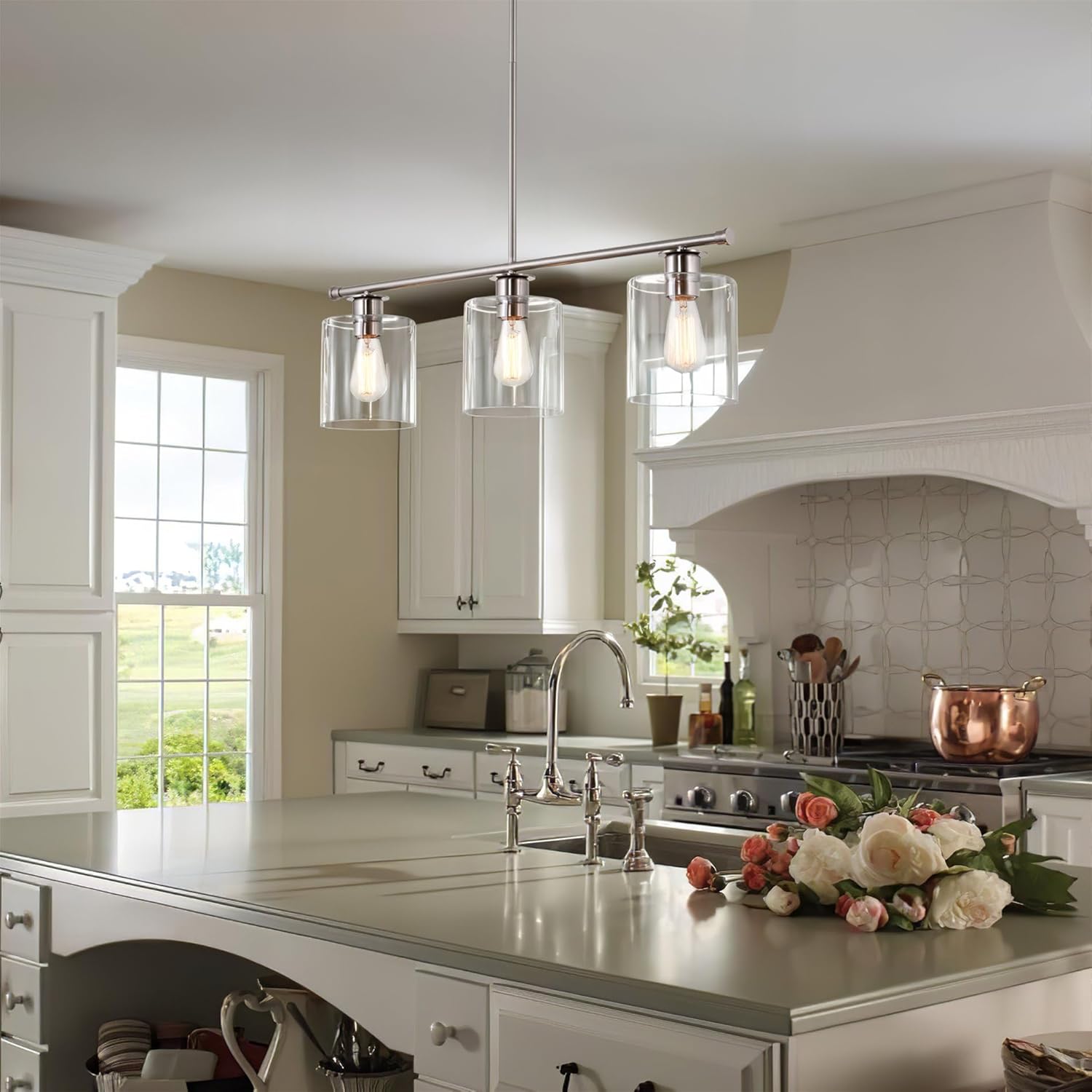 Kira Home Sloane 31" 3-Light Modern Industrial Farmhouse Island Light + Clear Glass Shades, Adjustable Hanging Height, Brushed Nickel Finish