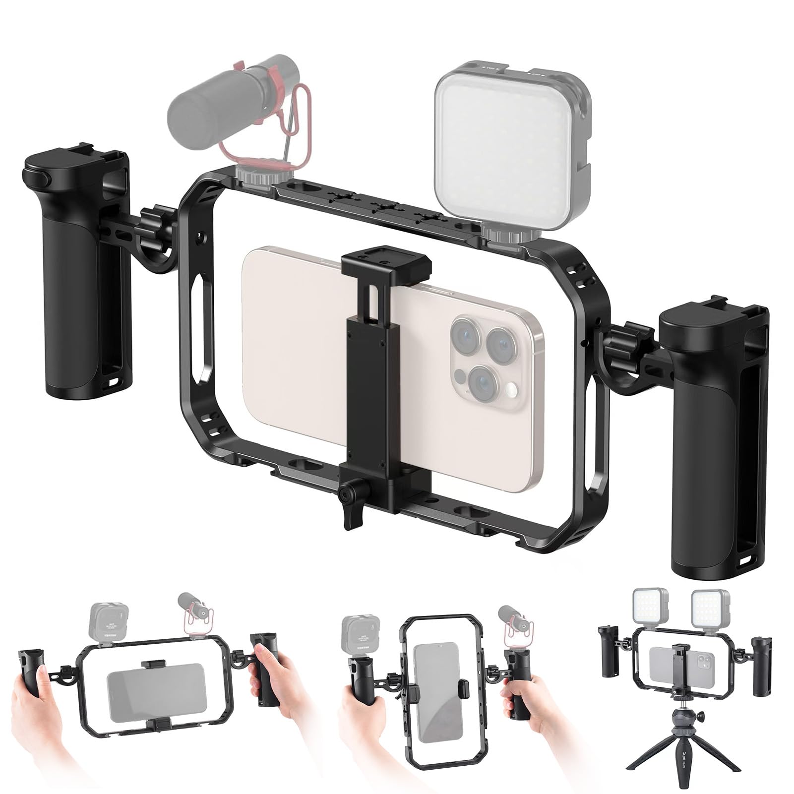 Andoer Kit portatile per telefono video Rig, stabilizzatore per smartphone per registrazione video, gabbia universale per telefono con maniglie laterali, supporto Cold Shoe, scatto remoto per Phone