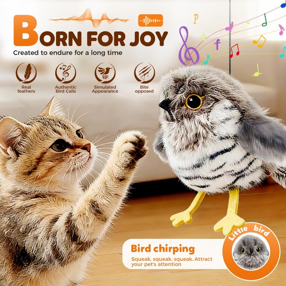 Flapping Bird Interactive Cat Toy, Automatic Moving Chirping Simulation Bird with 3 Wing Modes, Indoor Kitten Exercise Toy for Bored Cats (Grey)