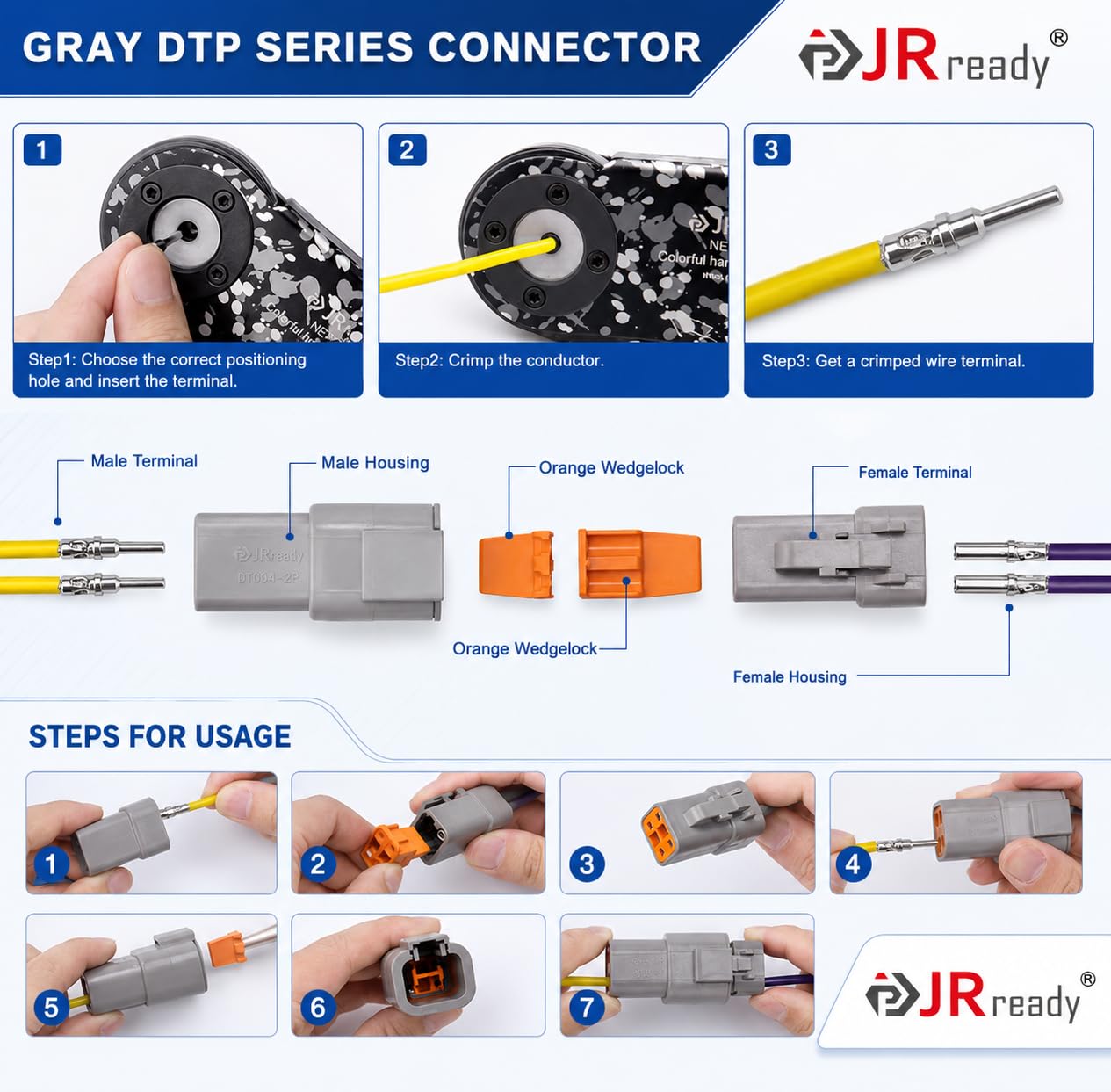 JRready Deutsch DTP contactos sólidos Pin & Soc Tamaño 12, ST6294-050 DTP Series Kit de terminales de conectores eléctricos, Pin 0460-204-12141/Socket 0462-203-12141 Calibre de cable de terminal