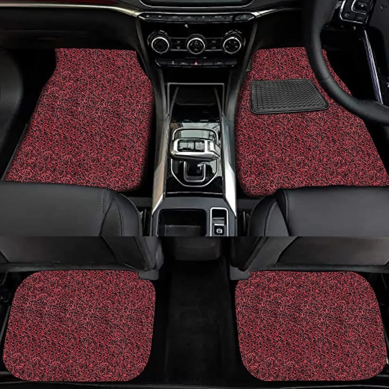 Image of FAM Enterprises Curly Car Floor Mat Compatible for Nissan Kicks||Curly /Noodle Car Mat Dust & Liquid Trapping with Heel Pad||Set of 5 ||Color-Black Red