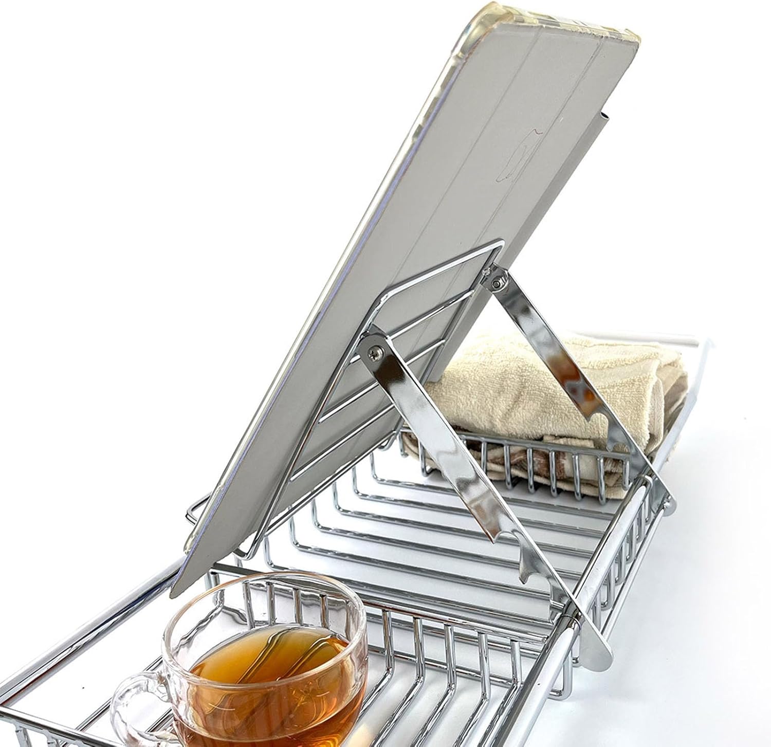 Shower Tub Tray, Adjustable Stainless Steel Bathtub Rack with Phone Stand, for Soap Shampoo Bath Balls Modern Bathroom Storage (Silver)