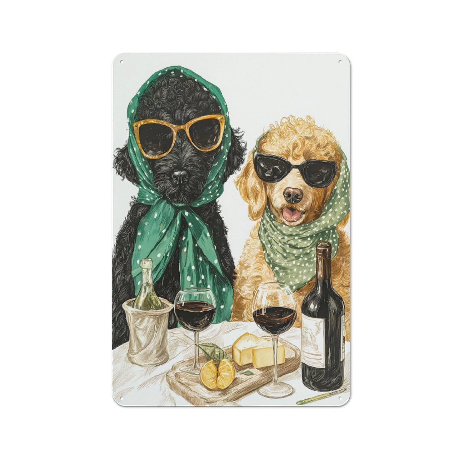 Junmoney Style-22 Stylish Dogs Enjoying Wine And Cheese Metal Tin Sign For Pet Owners, Birthday, Christmas Or Housewarming Gift, 30X20cm