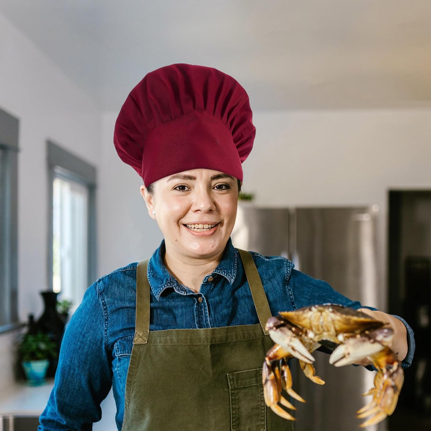 Chef Hat Elastic Band Adjustable Culinary Headwear Burgundy Unisex Adult Kitchen Cap for Restaurant Bakery Food Safety