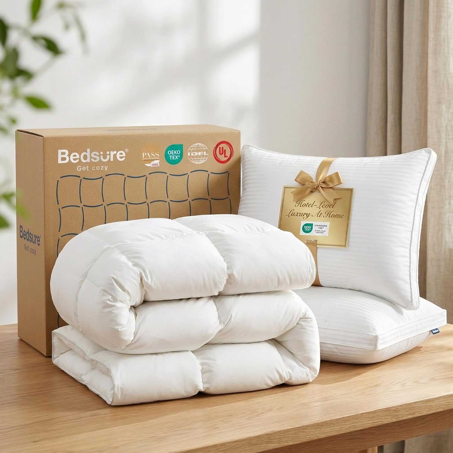Bedsure King Feather Down Comforter & Cotton Hotel Pillows Set