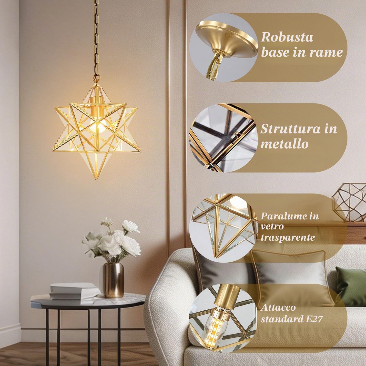 Lampadario a sospensione in vetro a stella con cristallo trasparente, lampadario rustico industriale vintage, lanterna sospesa, illuminazione a sospensione interamente in rame per soggiorno, ca