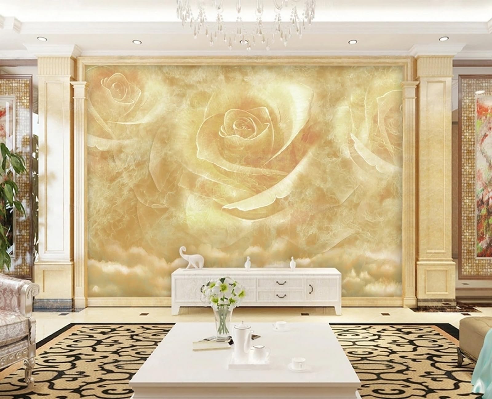 Carta da Parati Panoramica Intissato Rose Gialle,Marmo,Arte Wallpaper per Camera da Letto, Soggiorno 430x300cm