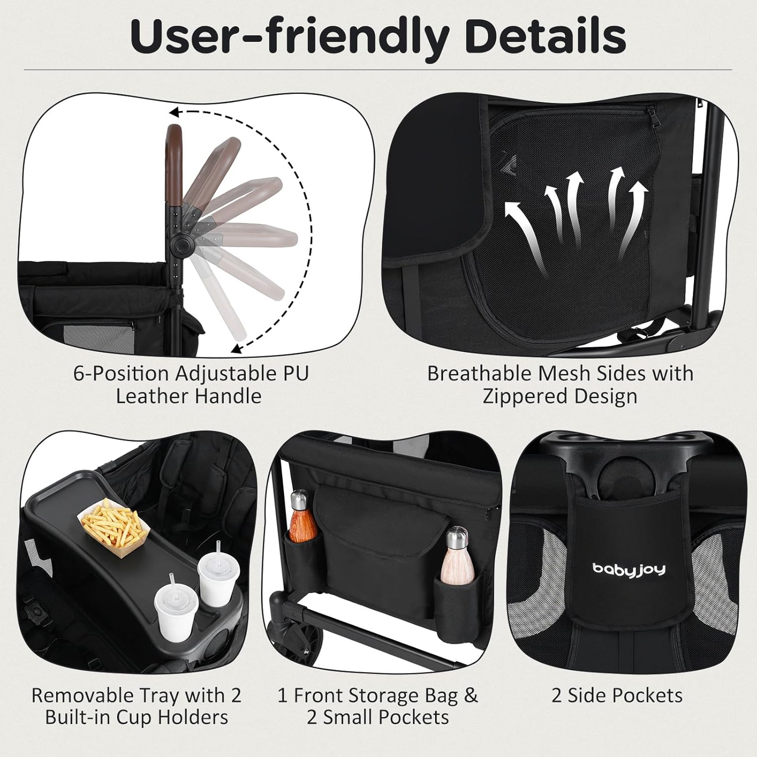 BABY JOY Wagon Stroller for 4 Kids, Foldable Stroller Wagon with Removable Canopy, Adjustable Handle, Snack Tray, Parent Organizer, 5-Point Safety Harness, Convertible Diaper Bag/Changing Pad (Black)