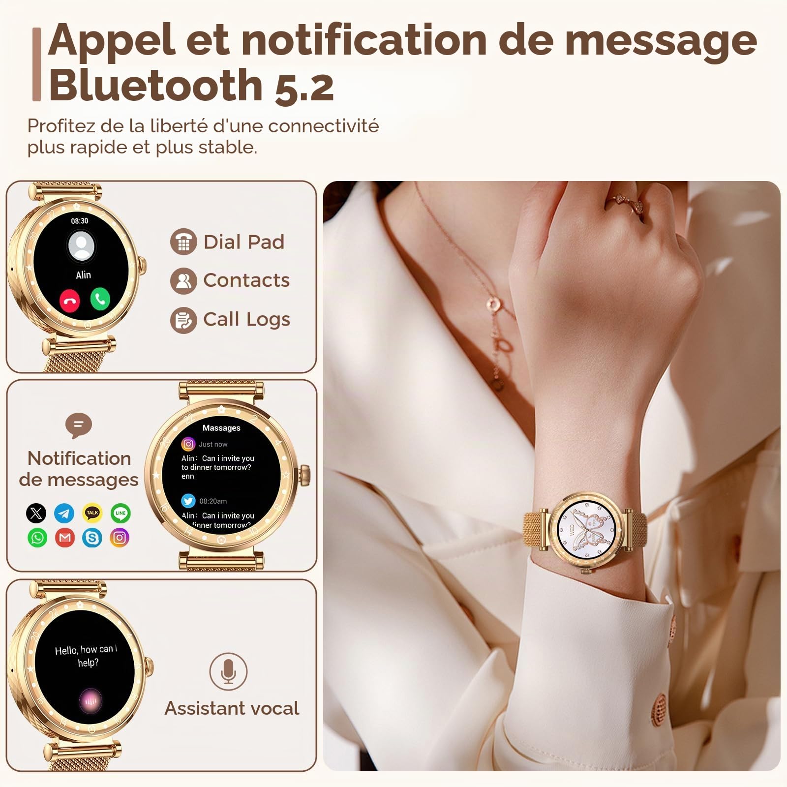 Montre Connectée Femme AMOLED Ultra-fin 1.19" Smartwatch Santé Cycle Menstruel SpO2 Suivi du Sommeil 110+ Modes Sport IP68 Étanche Bluetooth Appel Android iOS