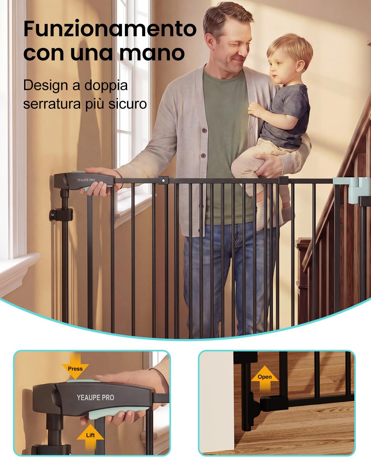 YEAUPE PRO Griglia di protezione per scale senza foratura, per bambini, 75 – 110 cm, telescopica, griglia di protezione per scale e porte, griglia di protezione per porte e cani, apertura manuale a 1