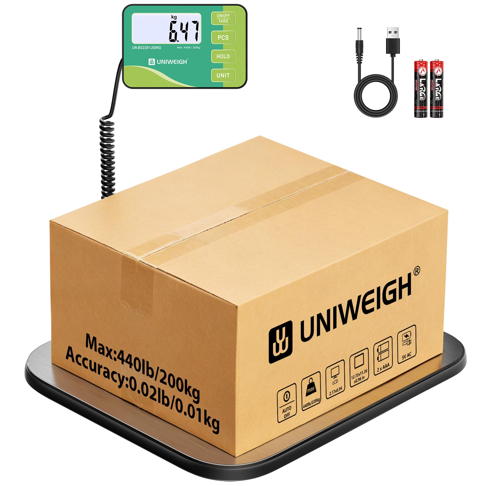 UNIWEIGH Postal Scale,440lb/10g Shipping Scale for Packages with Hold/Tare/PCS Function,Heavy Duty Scale for Industrial/Parcel/Luggage/Warehouse/Home with Large Platform,Commercial Weight with Battery