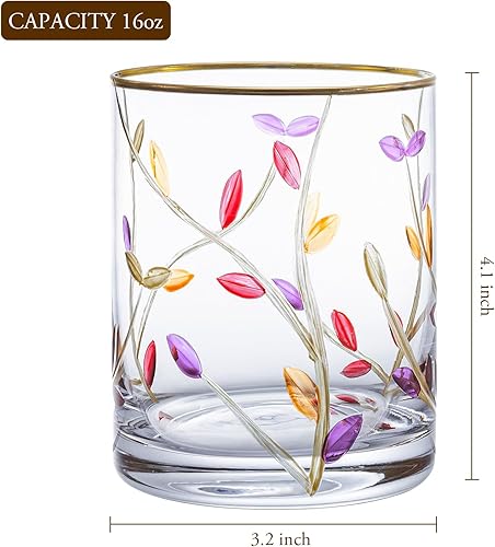 Miniatura 5 de MyGift Vasos transparentes de 16 onzas con elegante diseño de hojas moradas, vino sin tallo, whisky, cristalería de jugo, juego de 2