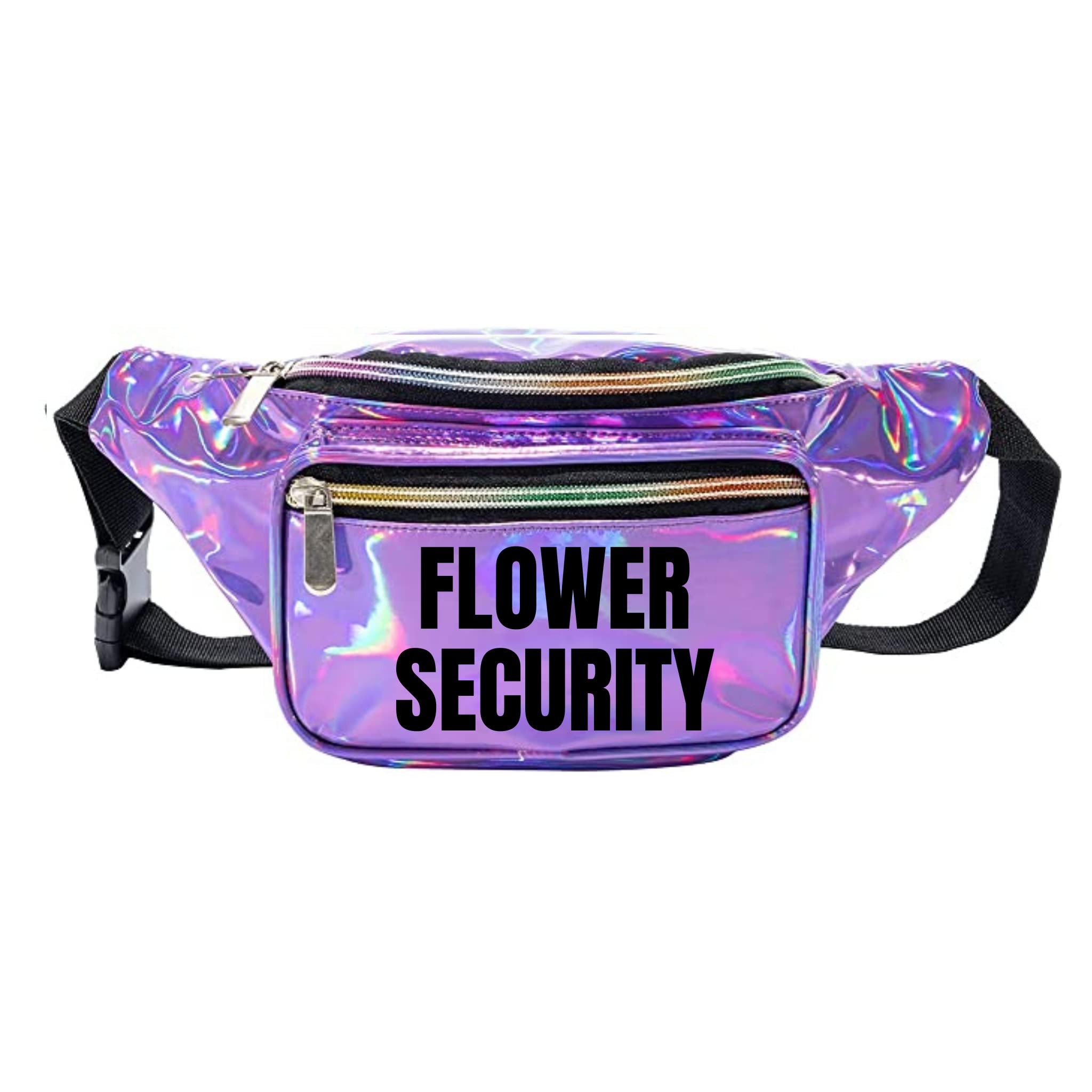Flower Security Holographic Metallic Fanny Pack (Purple w/Black Text)