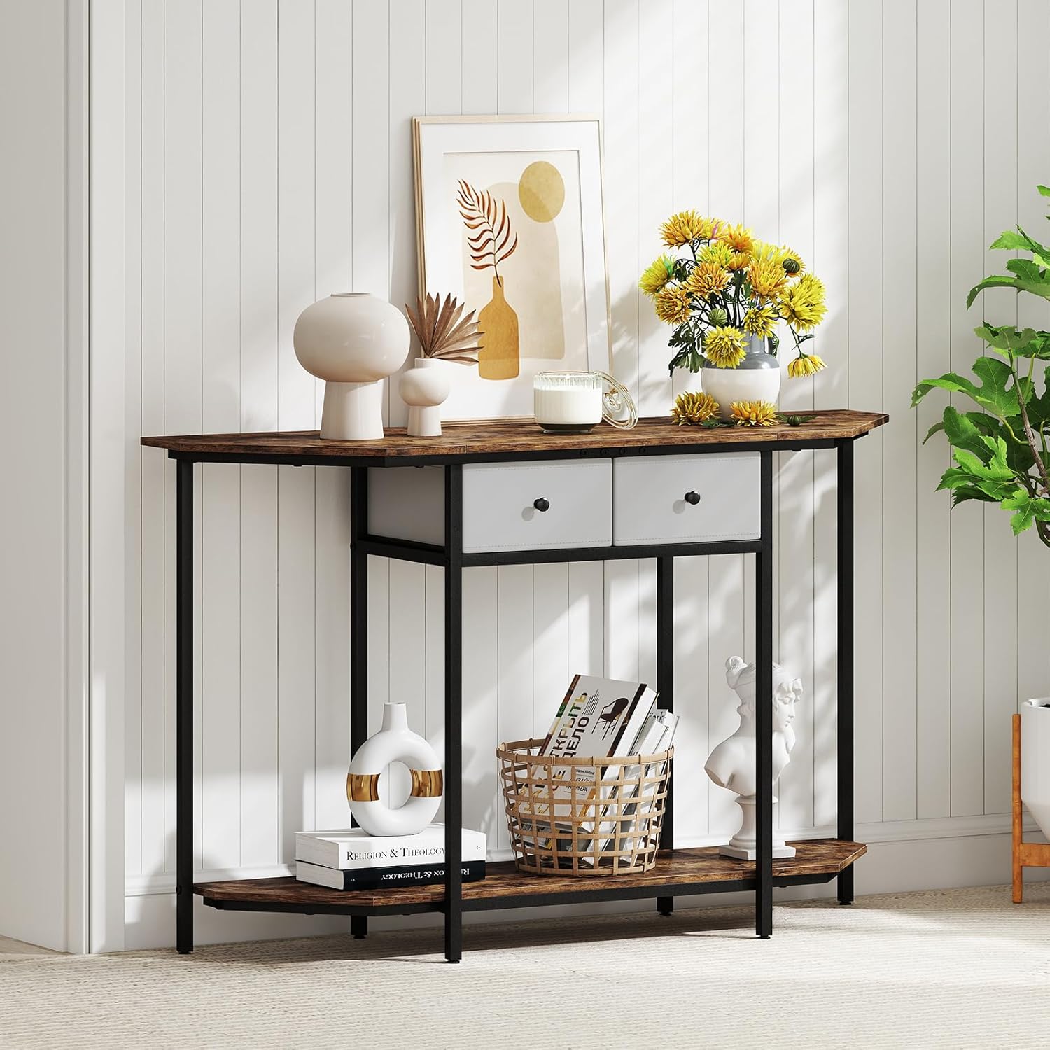 Giantex 51" Console Table with 2 Drawers, 2-Tier Narrow Entryway Table with Open Storage Shelf, Hexagonal Freestanding Sofa Tables Behind Couch for Living Room Hallway Entrance, Rustic Brown