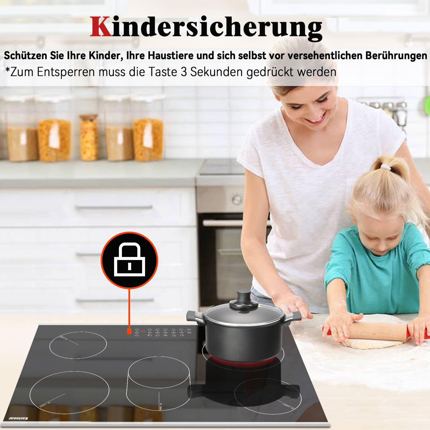 Karinear Glaskeramikkochfeld 5 Platten Einbau, Keramik kochfeld 5 Zonen, 77 cm, Herdplatte 5 Kochfelder, mit Berührungssteuerung, Timer, Kindersicherung, 220-240V, 8400W, Keine Stecker