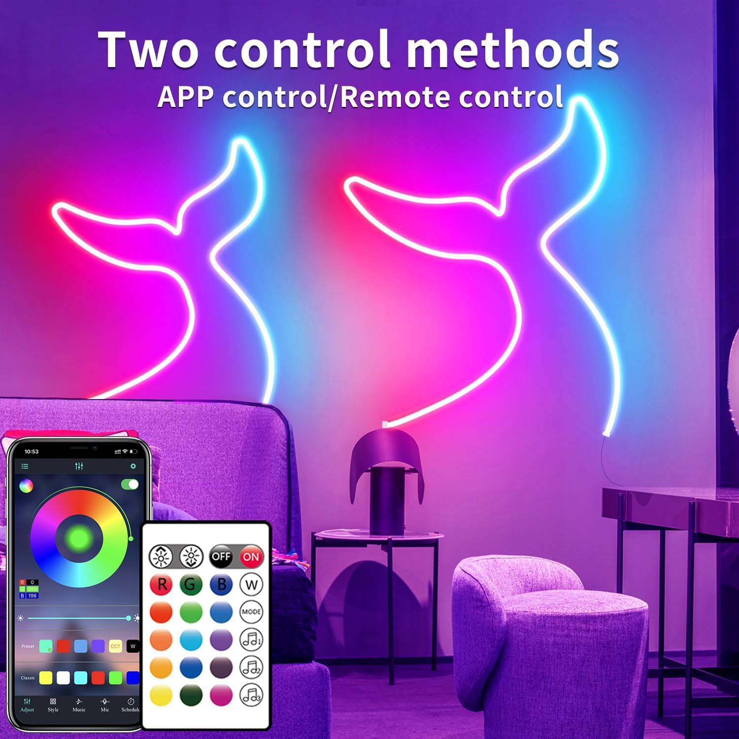 16.4ft Led Neon Rope Lights Remote/APP Control IP65 Waterproof Flexible 24VRGB LED Neon Light Music Sync LedSNeon Strips Light Led neon Lights for Bedroom Room Outdoors Décor