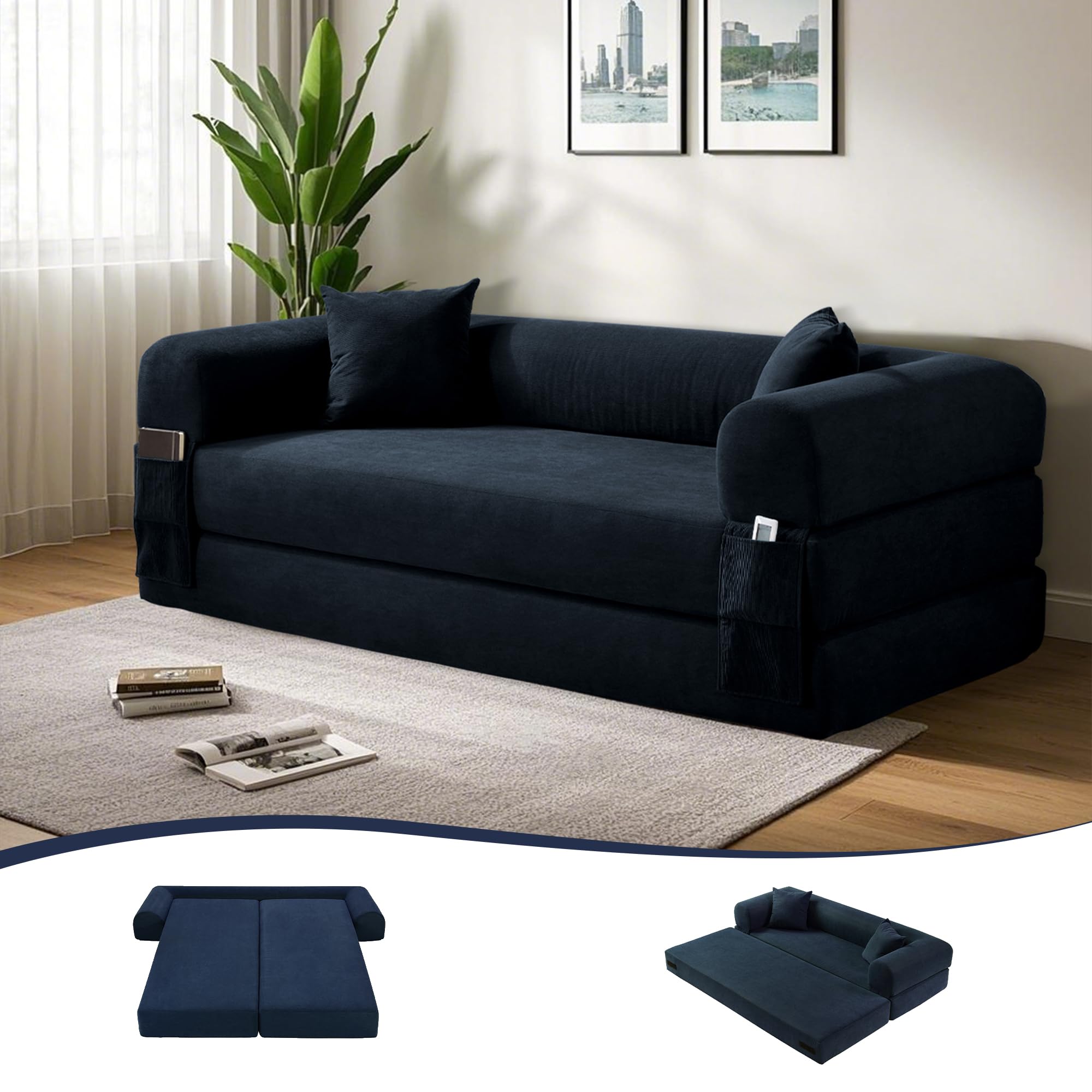 Photo 1 of 80" Convertible Sofa Bed, 3-in-1 Corduroy Folding Pull Out Couch with Pillows, No Assembly Modern Boneless Couch Compression Sofa in Box, Floor Sofa with Side Storage Pocket for Living Room,Navy Blue